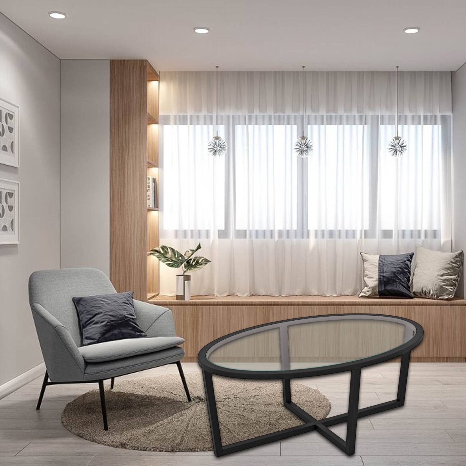 Front. Hivvago - Glass-Top Oval Coffee Table with Acacia Wood Legs and X-Shaped Support - Black.