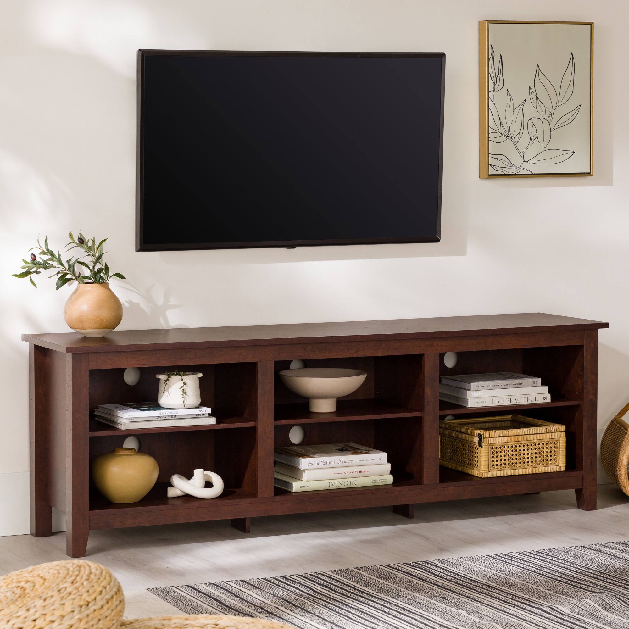Spaco - Modern Transitional 70" TV Stand for 80" TVs, Entertainment Center Media Console with 5-Shelf Open Storage - Brown