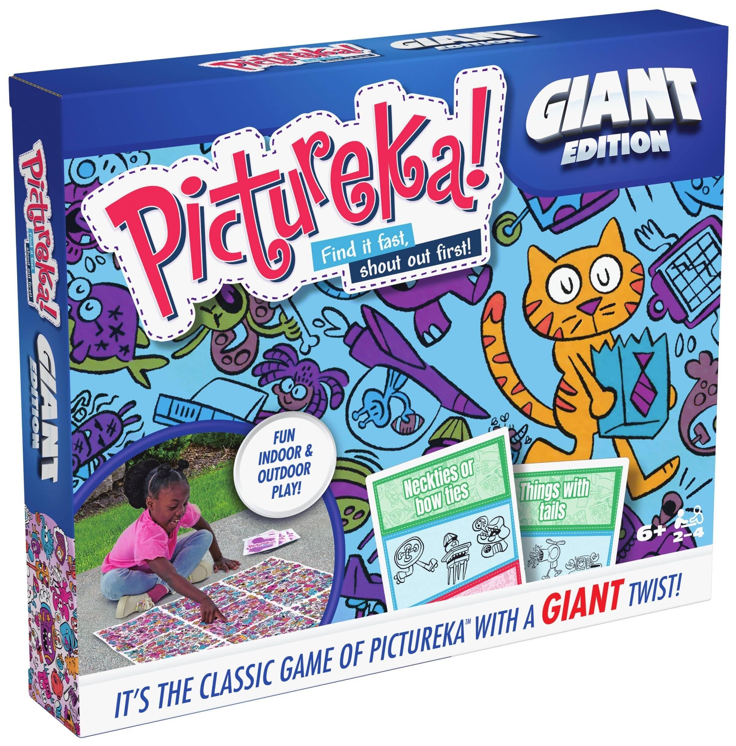 Pictureka!  
Find it fast, shout out first!  

GIANT EDITION  

FUN INDOOR & OUTDOOR PLAY!  

Neckties or bow ties  
Things with tails  

IT'S THE CLASSIC GAME OF PICTUREKA™ WITH A GIANT TWIST!  

6+ 2-4