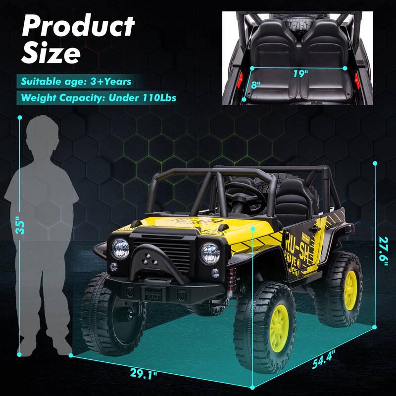 Product Size  
Suitable age: 3+ Years  
Weight Capacity: Under 110Lbs  

8"  
19"  
35"  

27.6"  
29.1"  
54.4"