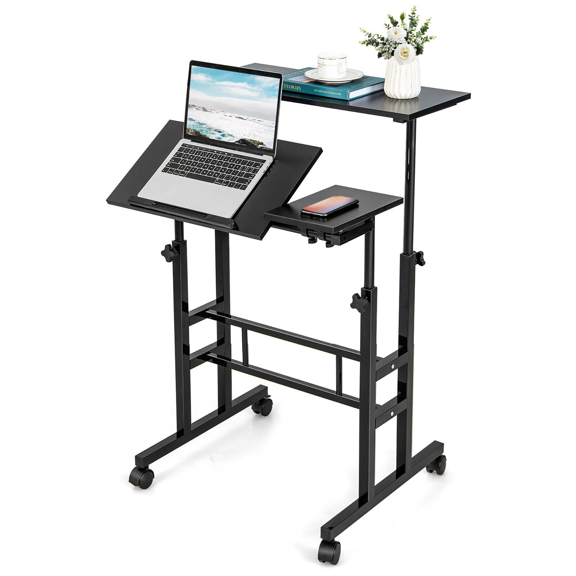Front. Gymax - Gymax Mobile Stand up Desk Adjustable Computer Desk Tilting Workstation Black - Black.