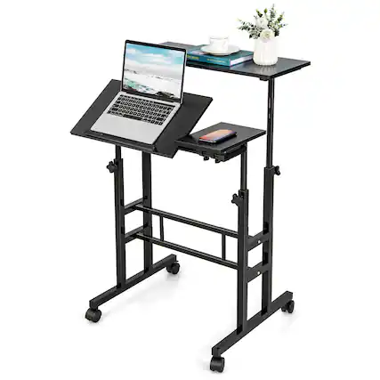 Front. Gymax - Gymax Mobile Stand up Desk Adjustable Computer Desk Tilting Workstation Black - Black.