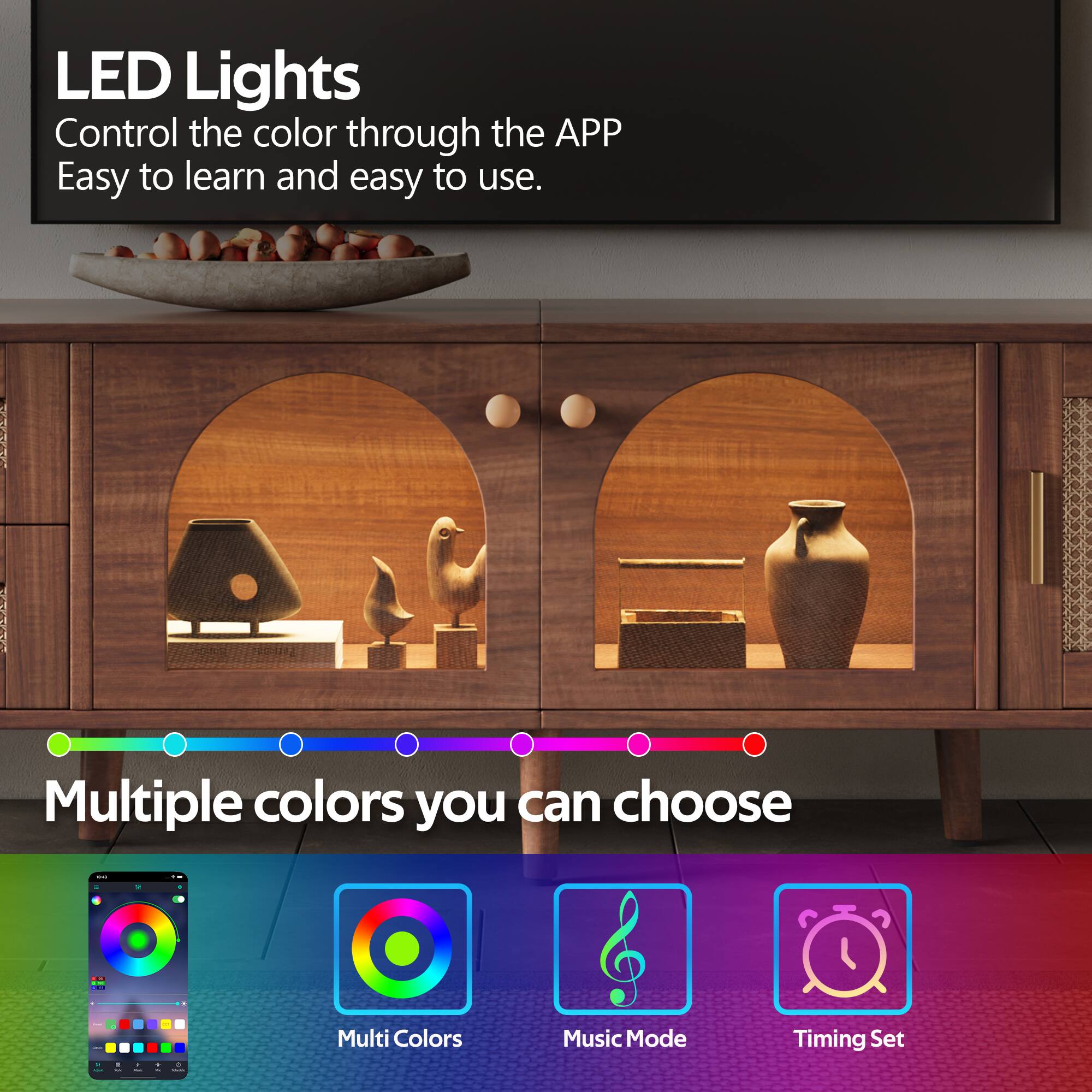 LED Lights  
Control the color through the APP  
Easy to learn and easy to use.  

Multiple colors you can choose:  
Multi Colors  
Music Mode  
Timing Set