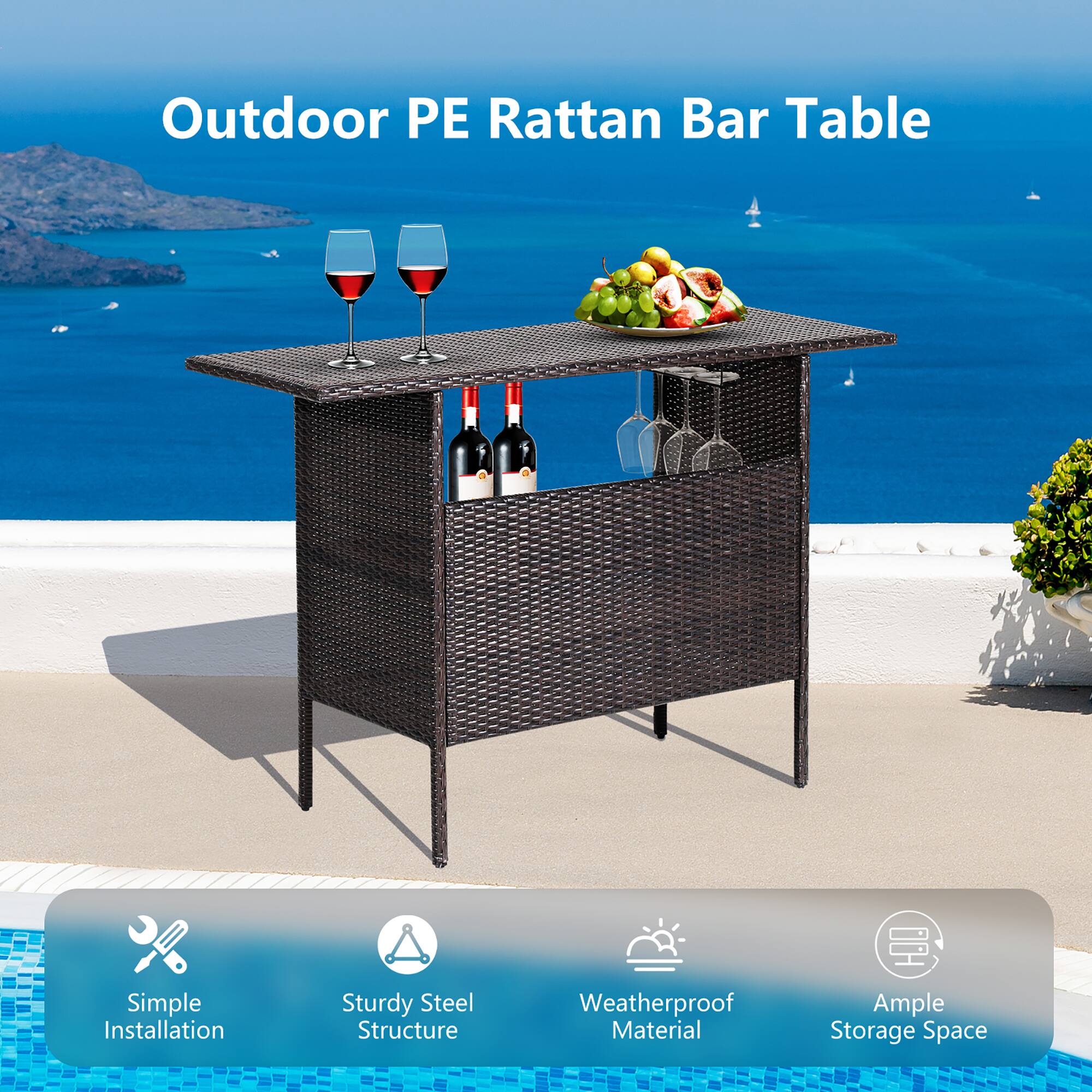 Outdoor PE Rattan Bar Table

- Simple Installation
- Sturdy Steel Structure
- Weatherproof Material
- Ample Storage Space