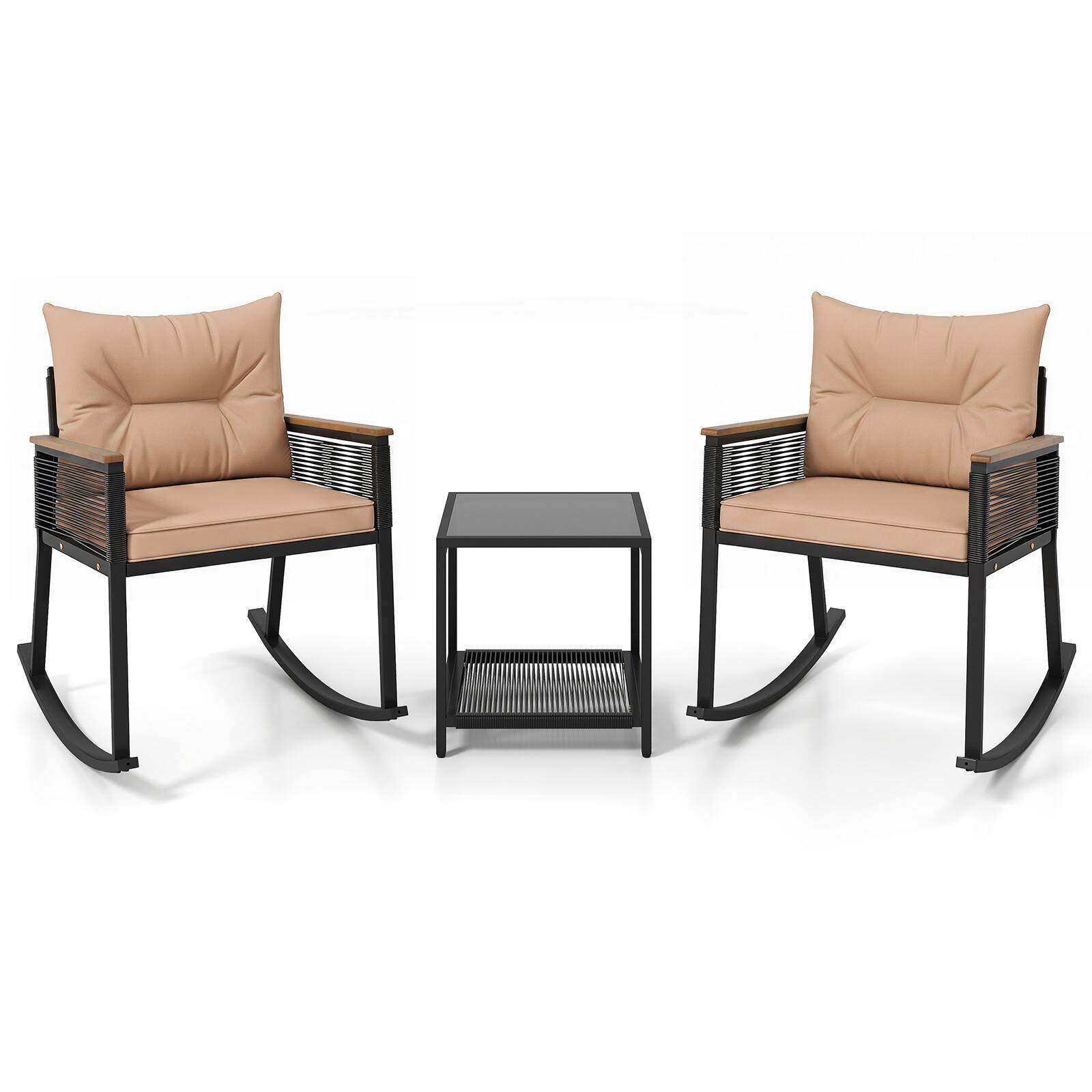 Alt View 9. Costway - Costway 3 PCS Outdoor Rocking Bistro Set with 2-Tier Coffee Table, Acacia Wood Armrests - Black+Brown.
