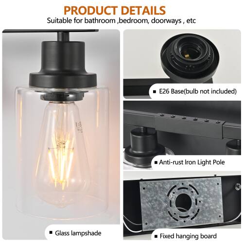 PRODUCT DETAILS  
Suitable for bathroom, bedroom, doorways, etc  
E26 Base (bulb not included)  
Anti-rust Iron Light Pole  
Glass lampshade  
Fixed hanging board
