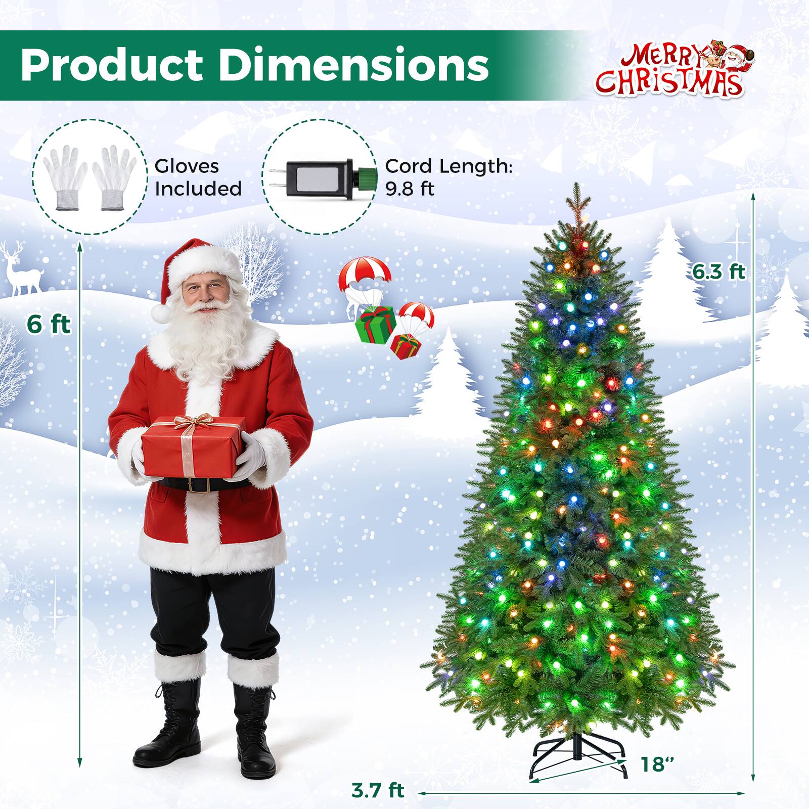 Product Dimensions  
MERRY CHRISTMAS  
Gloves Included  
Cord Length: 9.8 ft  
6.3 ft  
6 ft  
3.7 ft  
18"