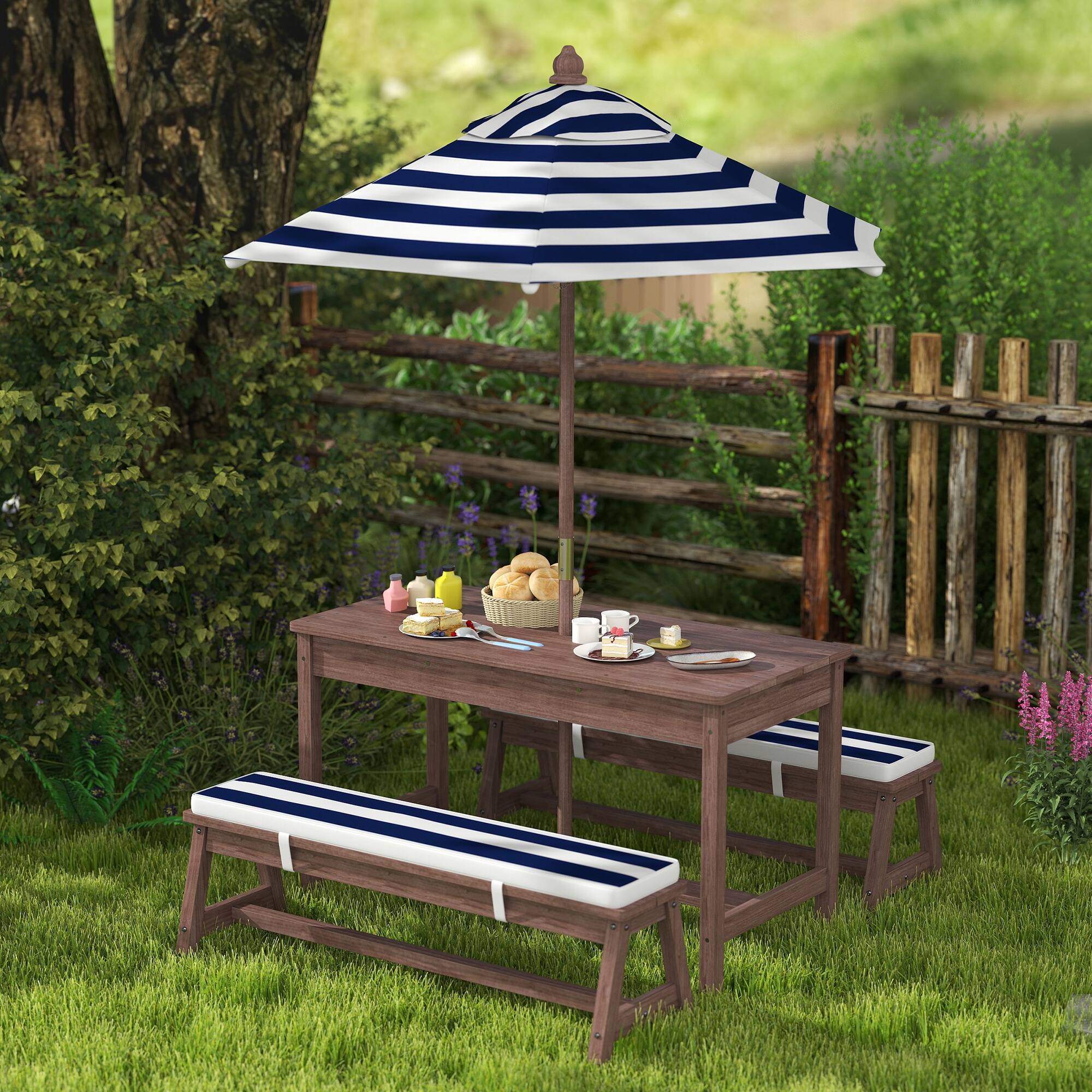 Alt View 1. Qaba - Wooden Kids Picnic Table & Bench Set with Cushions and Umbrella, for Patio, Garden - Blue.