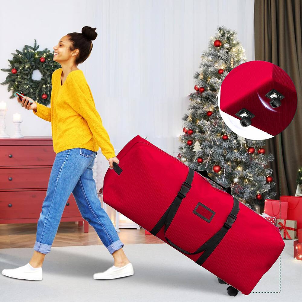 Alt View 4. MOVSSOU - 7.5 Ft Christmas Tree Storage Bag Rolling 2 Swivel Wheels Xmas Tree Bag Holiday Tree Storage Case - red.