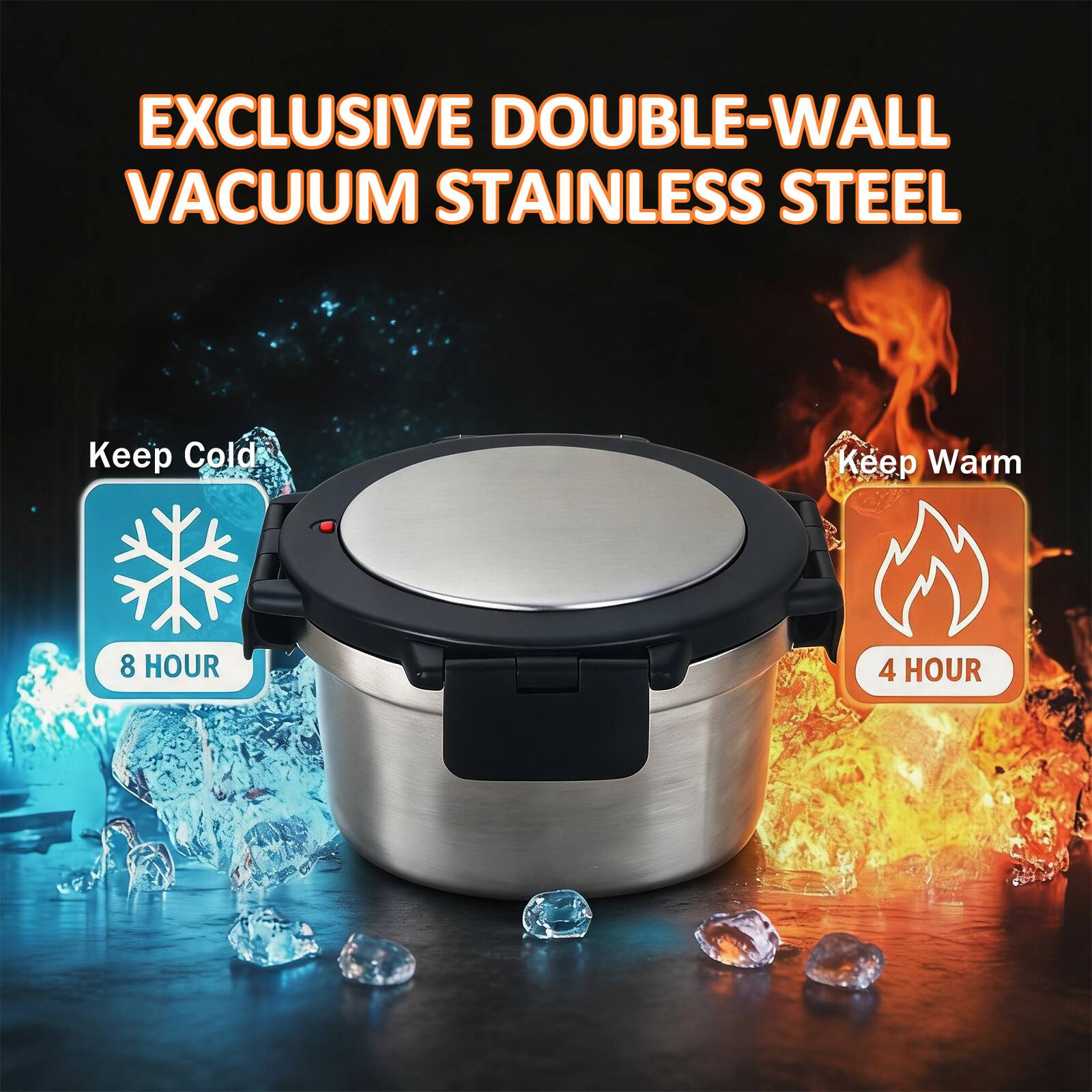 EXCLUSIVE DOUBLE-WALL VACUUM STAINLESS STEEL  
Keep Cold 8 HOUR  
Keep Warm 4 HOUR