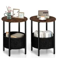 Costway - 2 PCS Round End Table with Felt Storage Basket Sturdy Metal Frame for Bedroom - Rustic Brown/Black - Front_Zoom