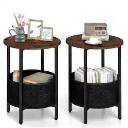 Costway - 2 PCS Round End Table with Felt Storage Basket Sturdy Metal Frame for Bedroom - Rustic Brown/Black