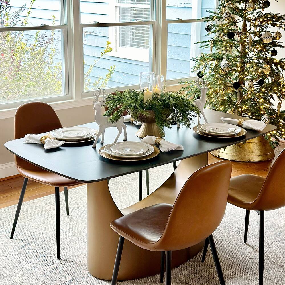 Alt View 9. POVISON - 71" Modern Minimalist Dining Table for 4-6, Black Rectangular Matte Sintered Stone Tabletop, Bronze Carbon Steel Leg - Matte Black Sintered Stone with Bronze.