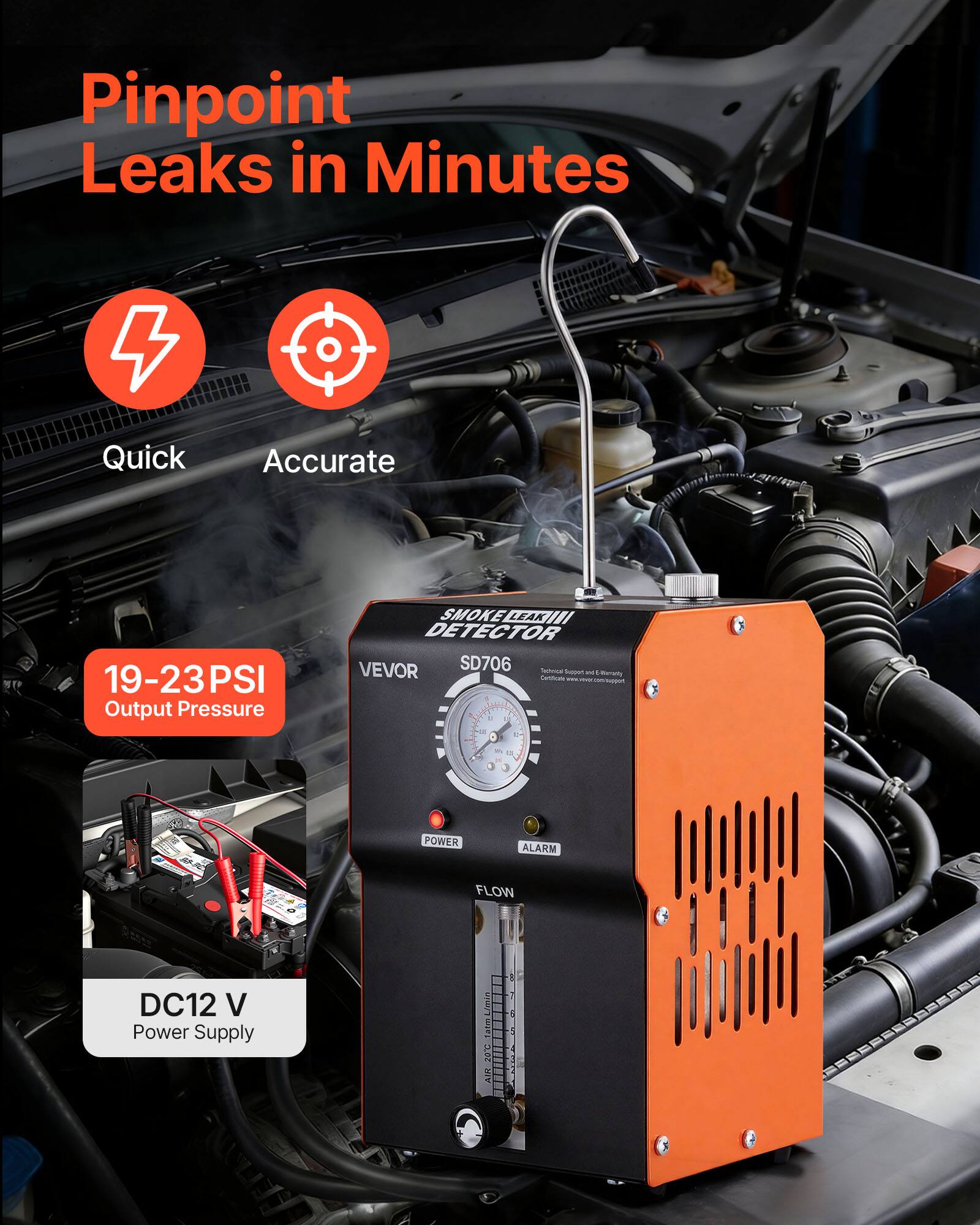 Pinpoint Leaks in Minutes  
Quick Accurate  
19-23PSI Output Pressure  
SMOKE DARIN LEAK DETECTOR  
VEVOR SD706  
DC12 V Power Supply