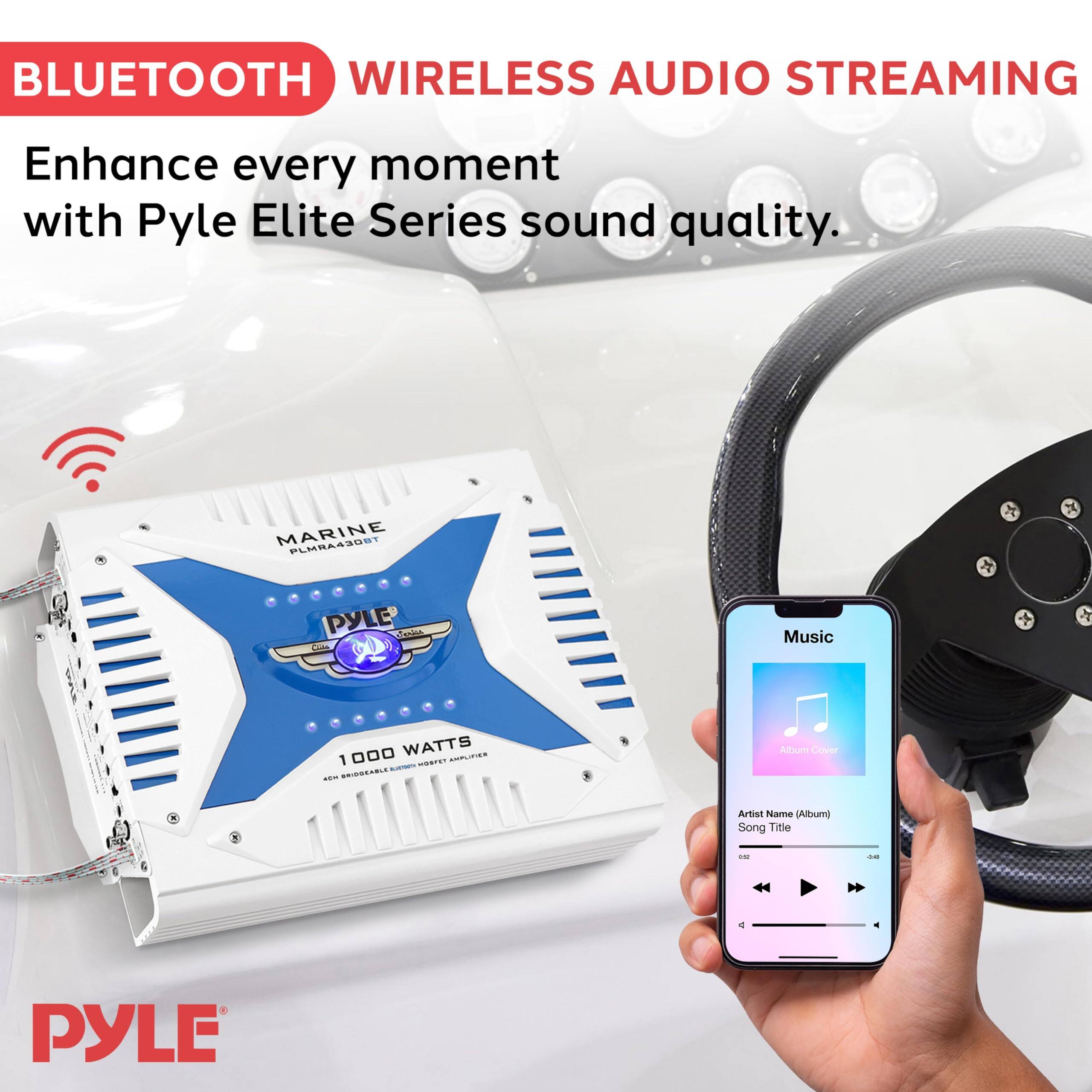 BLUETOOTH WIRELESS AUDIO STREAMING  
Enhance every moment with Pyle Elite Series sound quality.  

MARINE PLMBA43OST  
PYLE  
1000 WATTS  

Music  
Artist Name (Album)  
Song Title
