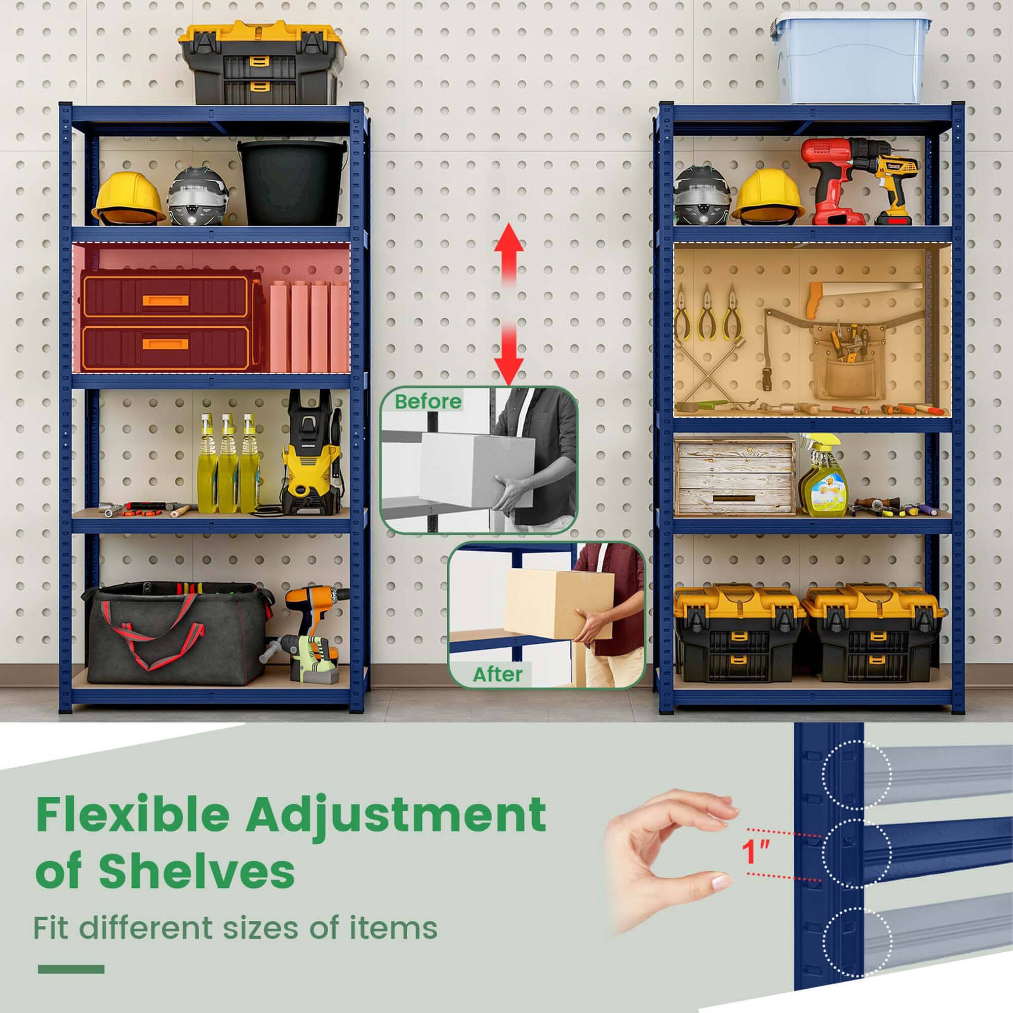 Flexible Adjustment of Shelves  
Fit different sizes of items  

Before  
After  

1"