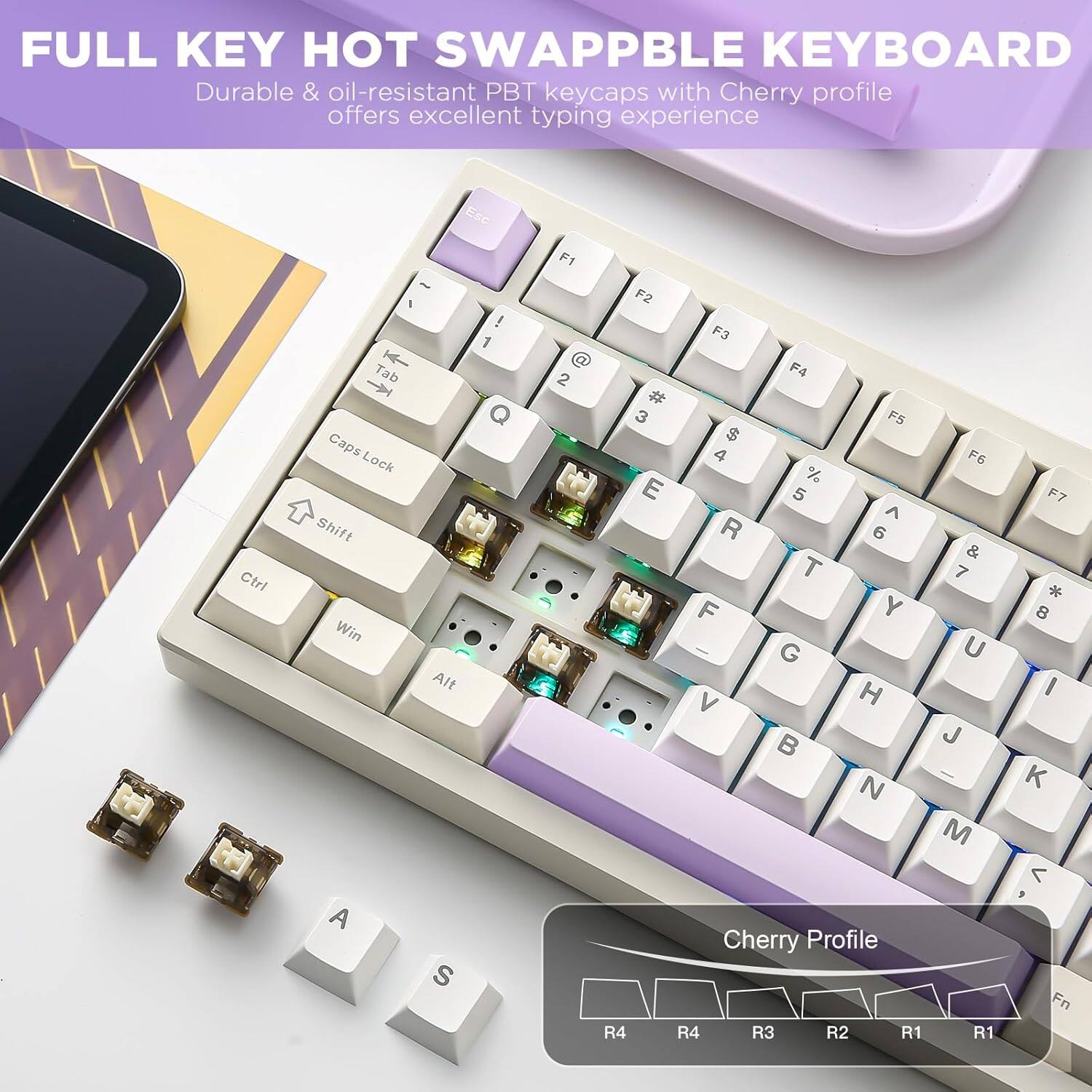 FULL KEY HOT SWAPPABLE KEYBOARD

Durable & oil-resistant PBT keycaps with Cherry profile offers excellent typing experience.

Esc Ctrl - 1 Tab Caps Lock Shift Win Alt A S ! 1 F1 2 F2 F3 F4 # 3 F5 $ 4 % E 5 ^ R 6 T F Y G V H N Cherry Profile R4 R4 R3 R2 R1 F6 & 7 U J M R1 F7 * 8 I K < Fn