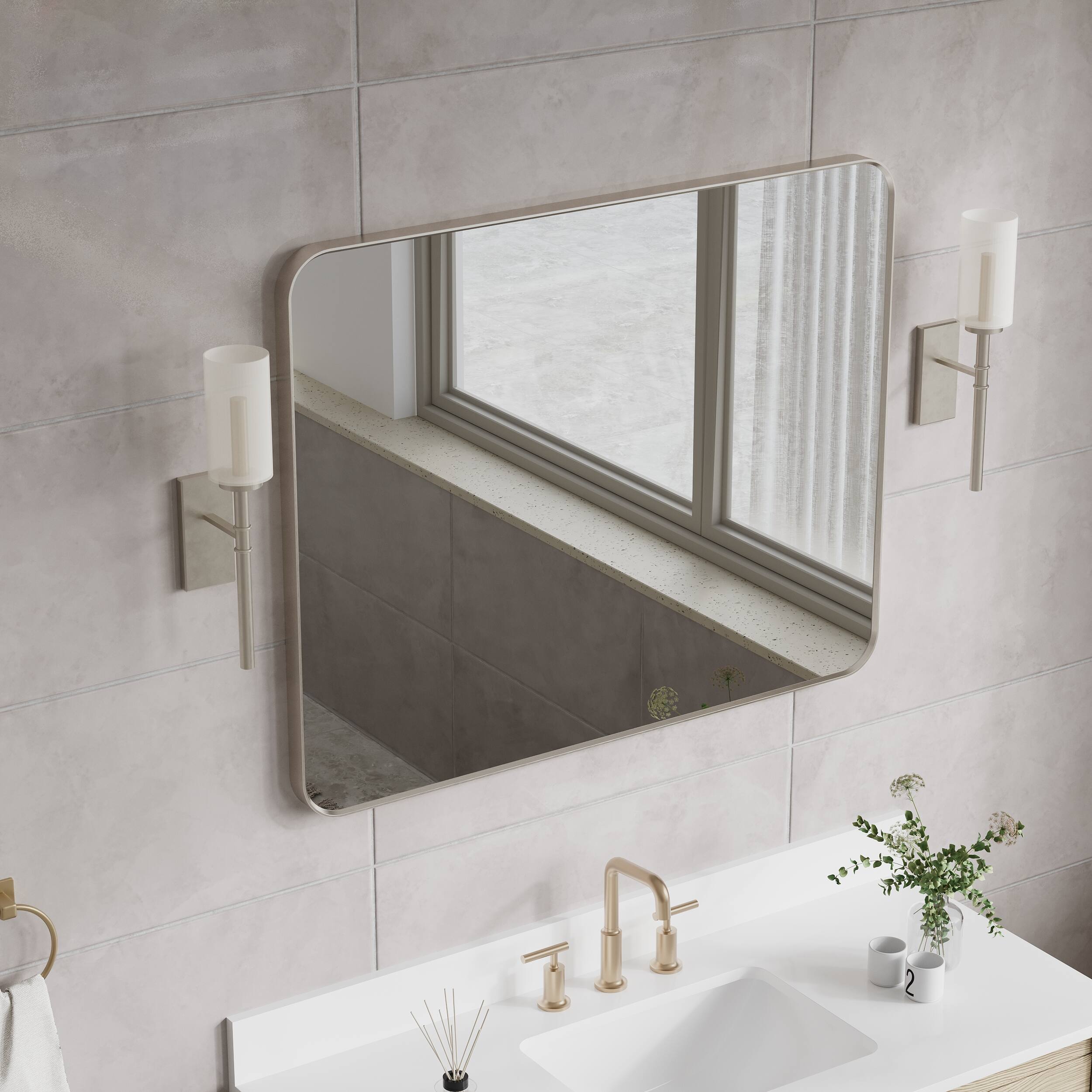 Back. WELLFOR - 40 in. W x 32 in. H Rectangular Aluminum Framed Wall-Mounted Bathroom Vanity Mirror - Brushed Nickel.