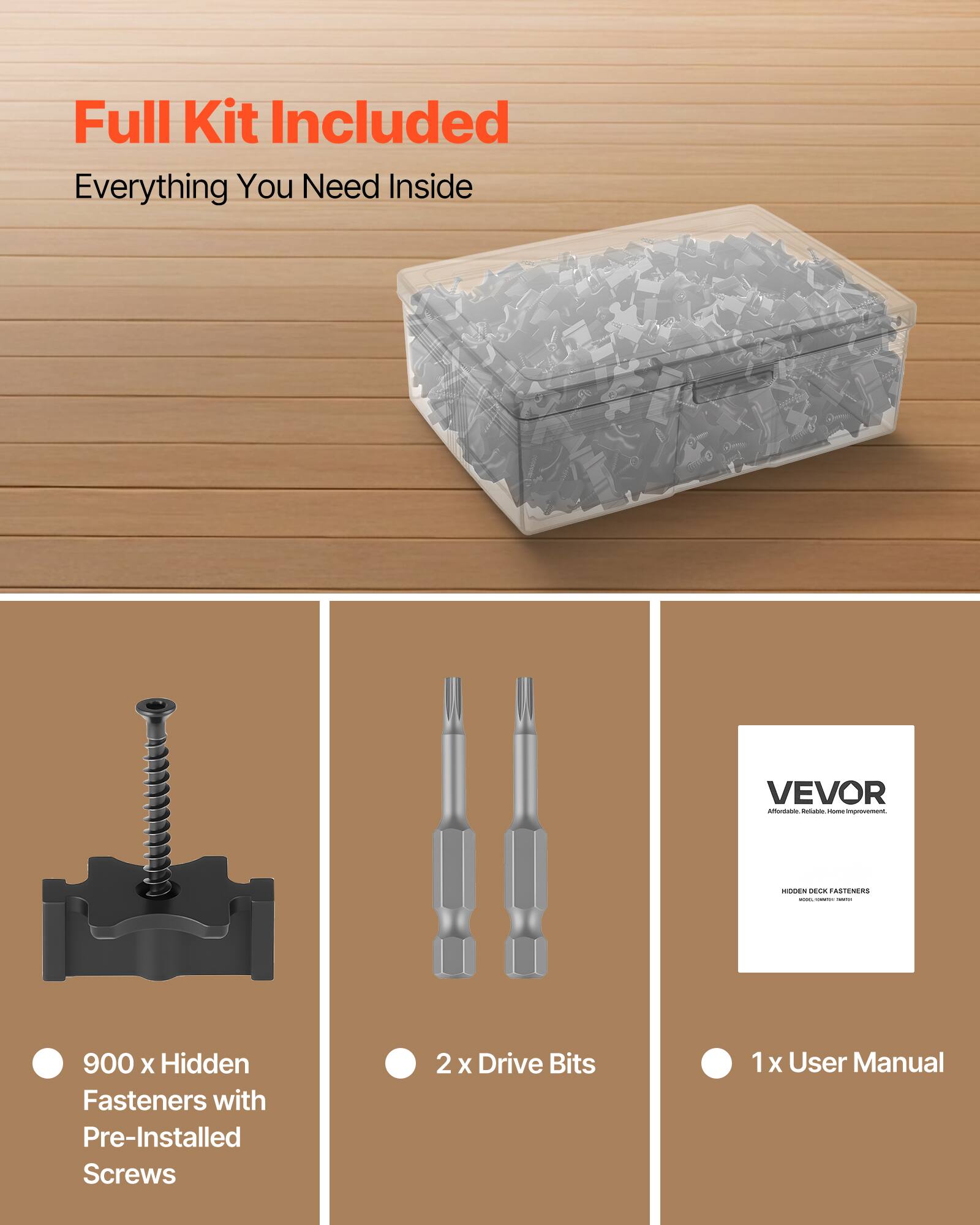 Full Kit Included  
Everything You Need Inside  

- 900 x Hidden Fasteners with Pre-Installed Screws  
- 2 x Drive Bits  
- 1 x User Manual