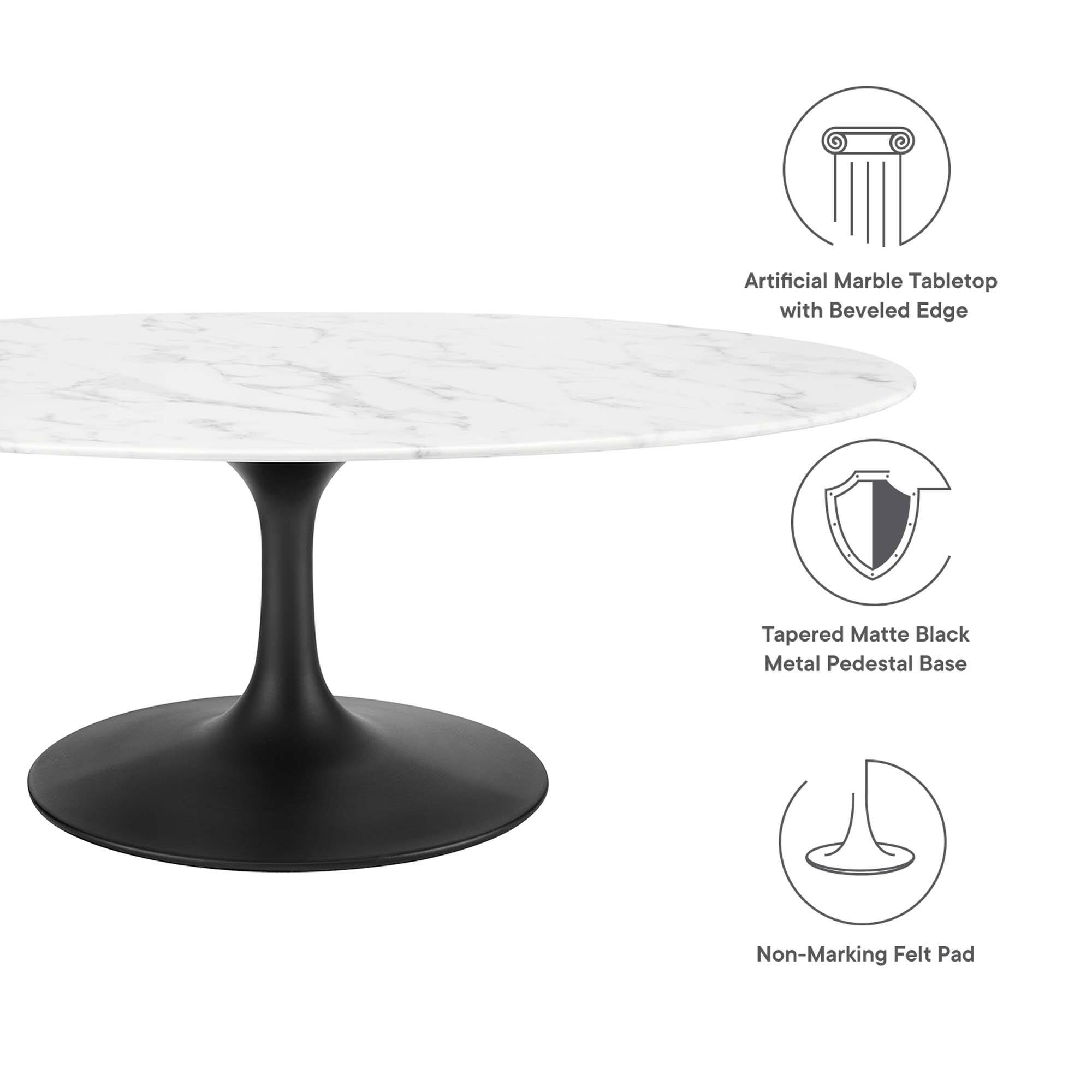 Artificial Marble Tabletop with Beveled Edge  
Tapered Matte Black Metal Pedestal Base  
Non-Marking Felt Pad