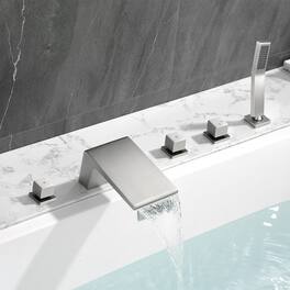 Boyel Living - 4.72 in.W Bathtub Hot and Cold Water Faucet with Handheld Shower and Waterfall Outlet 5-Hole - Brushed Nickel
