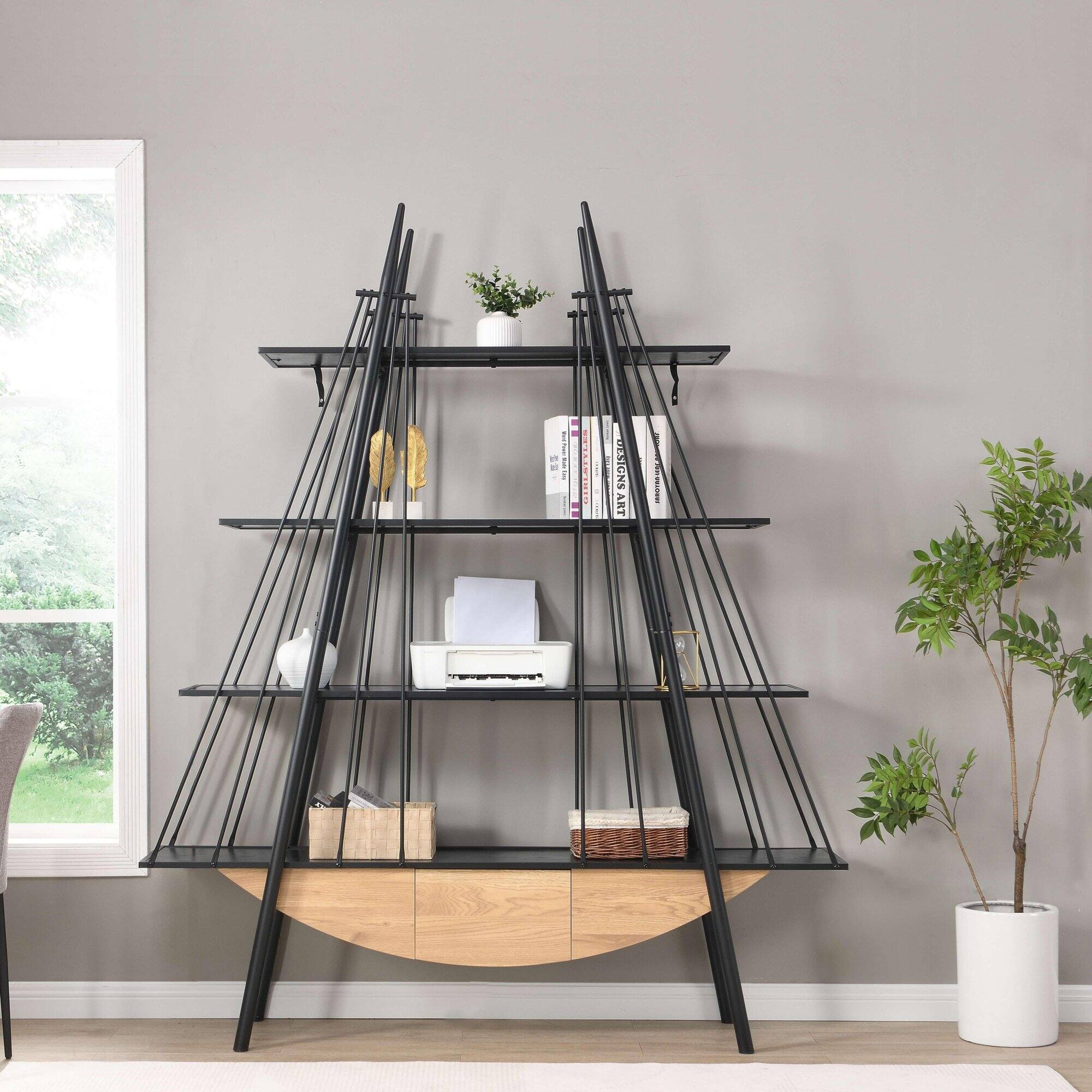 GOODSILO - Modern Sailboat-Inspired Industrial Bookshelf with Drawer, Freestanding Storage Shelf for Living Room and Office Decor - Black