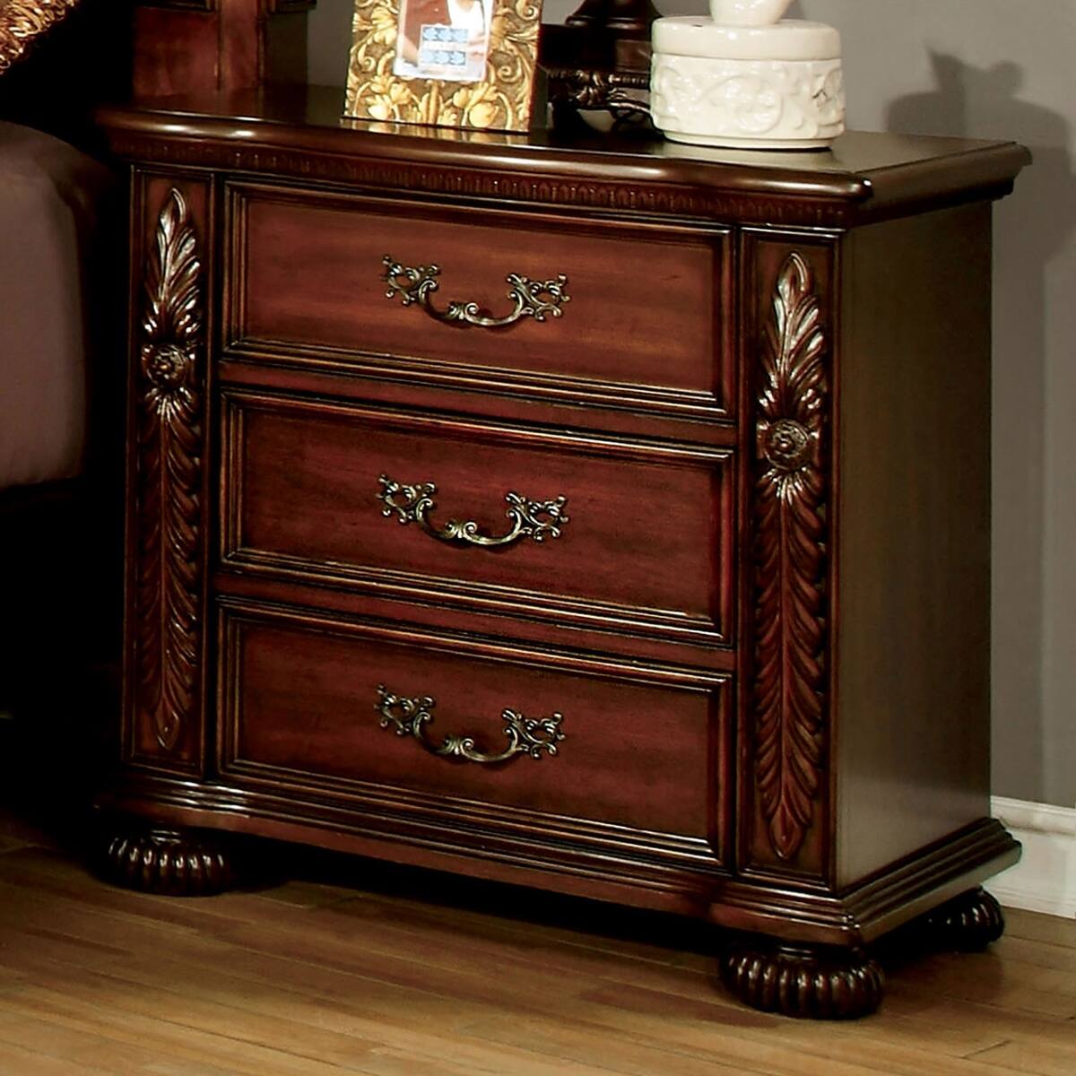 Angle. Loheer - Loheer Solid Wood Nightstand Brown Cherry Three Drawer Bedside Table - Brown.