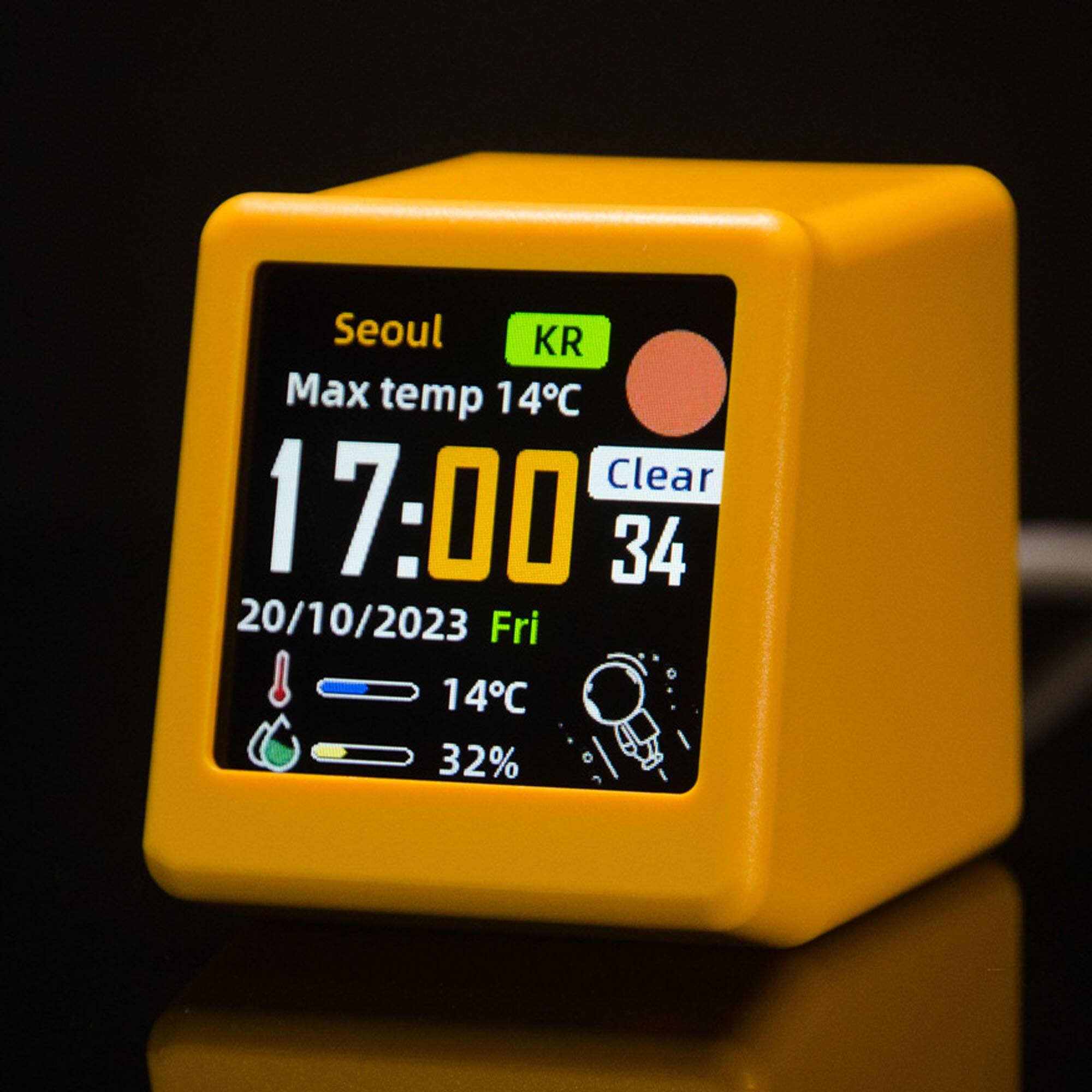 Seoul, KR  
Max temp 14°C  
Clear  
17:00  
34  
20/10/2023 Fri  
14°C  
32%