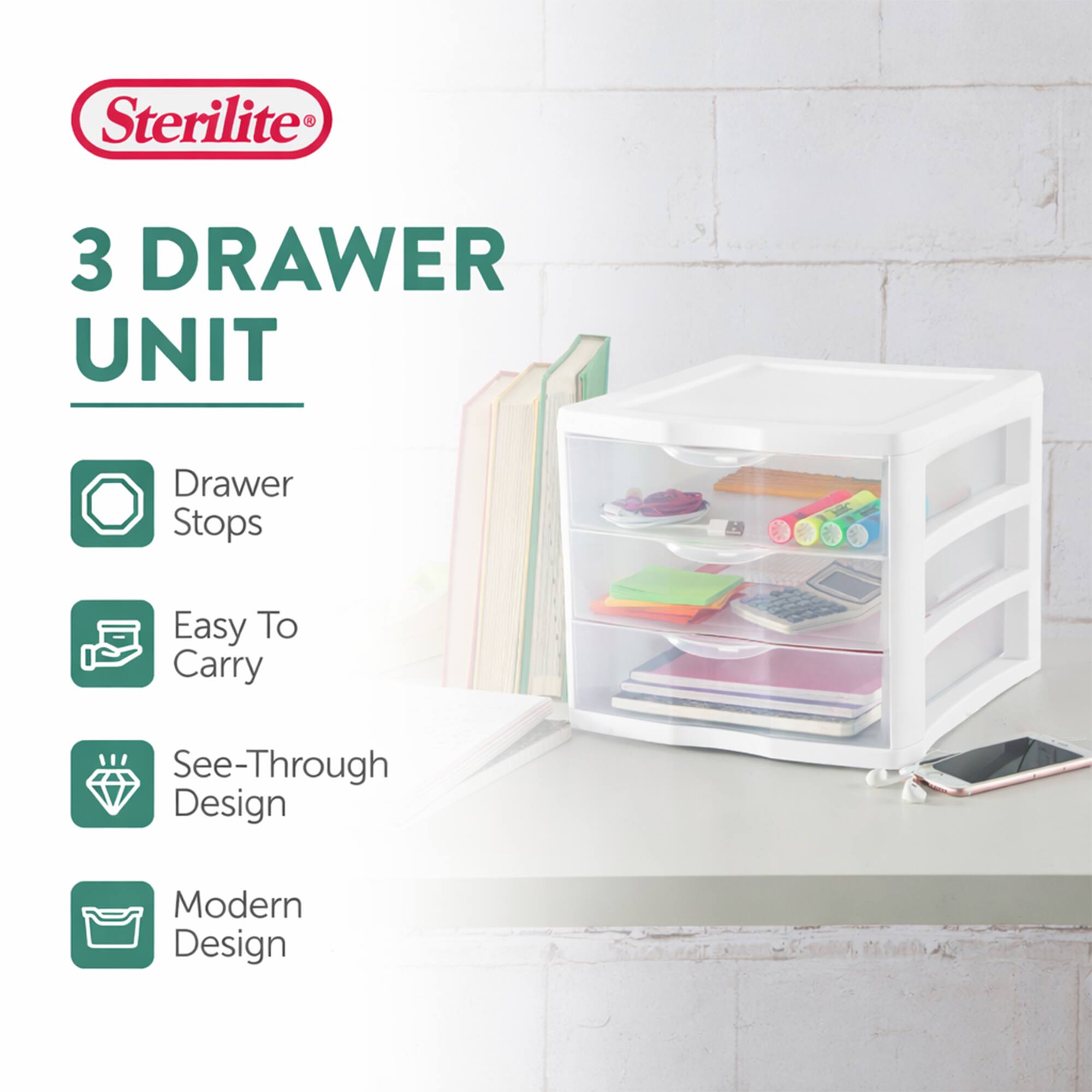 Sterilite 3 Drawer Unit  
- Drawer Stops  
- Easy To Carry  
- See-Through Design  
- Modern Design