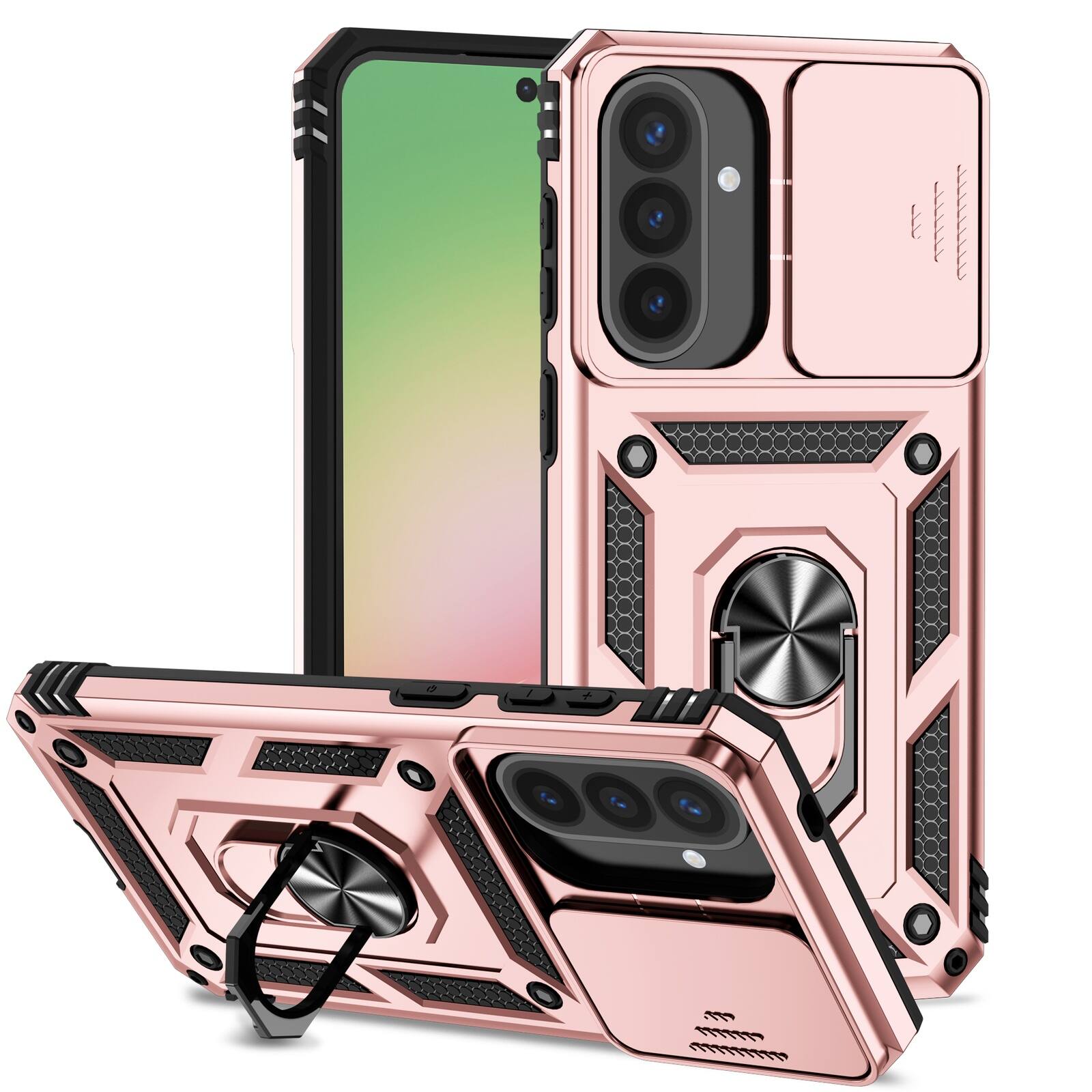Left. UUCOVER - Rugged Protective Case for Samsung Galaxy A37 5G ,Shockproof TPU+PC Case Slide Camera Cover Ring Holder Stand Cover - Rosegold.