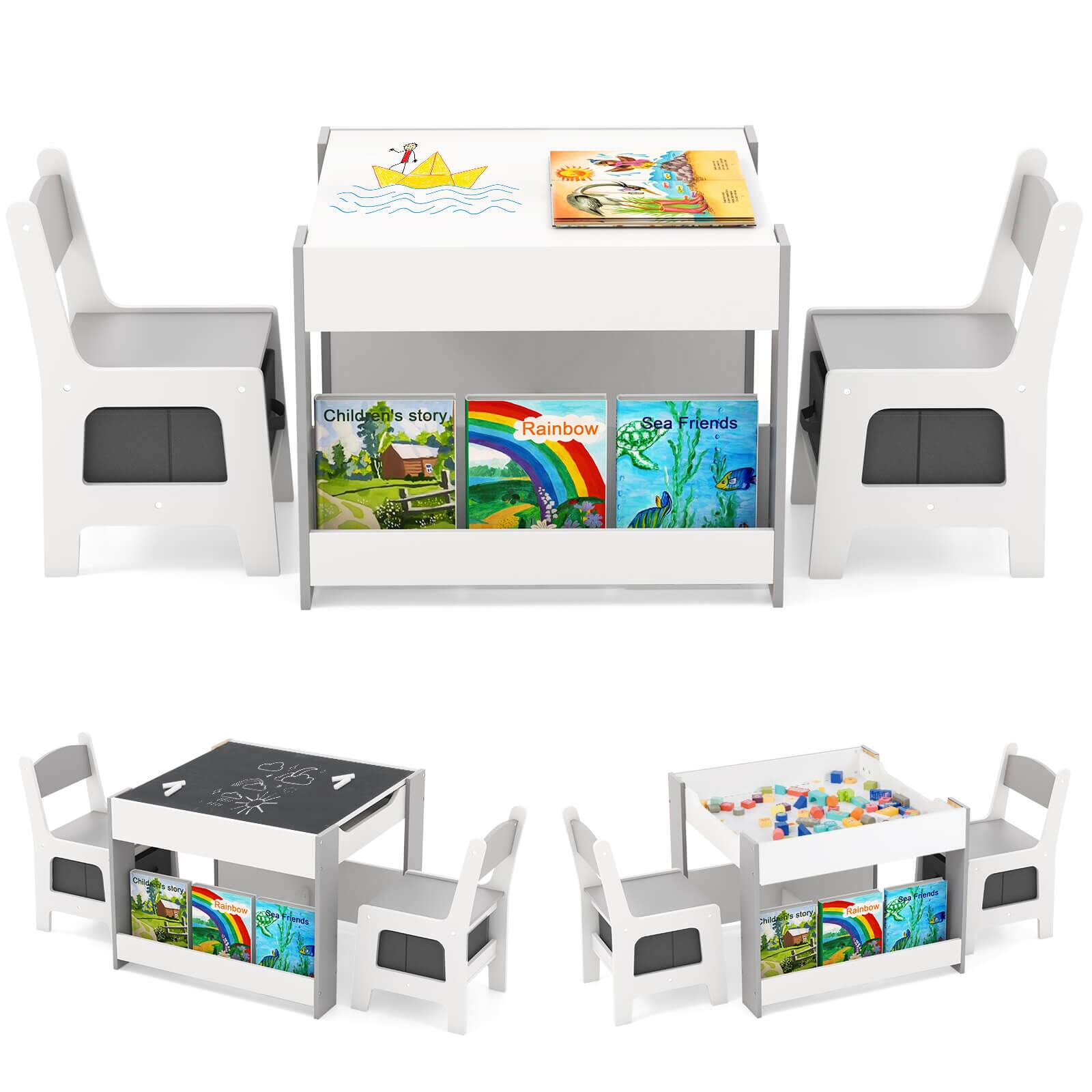 The image features a white table with a shelf underneath, holding several children's books. The books are arranged in a row, with some of them being displayed on the table. The table is surrounded by two chairs, one on the left side and the other on the right side. The scene appears to be a cozy and inviting space for children to read and enjoy their books.