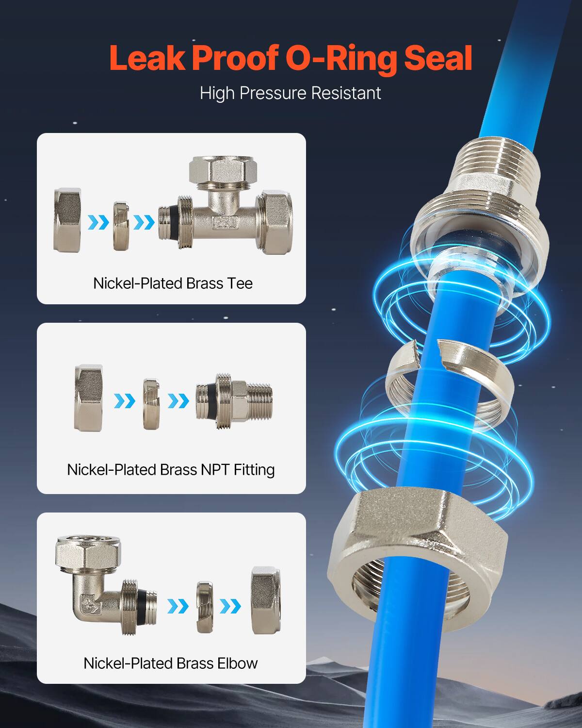 Leak Proof O-Ring Seal  
High Pressure Resistant  

Nickel-Plated Brass Tee  
Nickel-Plated Brass NPT Fitting  
Nickel-Plated Brass Elbow