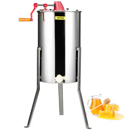 Front. VEVOR - Manual Honey Extractor, 3 Frames Honey Spinner Extractor, Stainless Steel Beekeeping Extraction, Honeycomb Drum Spinner - Silver.