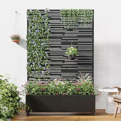 Front. PexFix - 72 in. H x 47 in. W Shine Pattern Rectangle Metal Planter Box Raised Garden Beds with Trellis-Ideal for Balcony - Black.