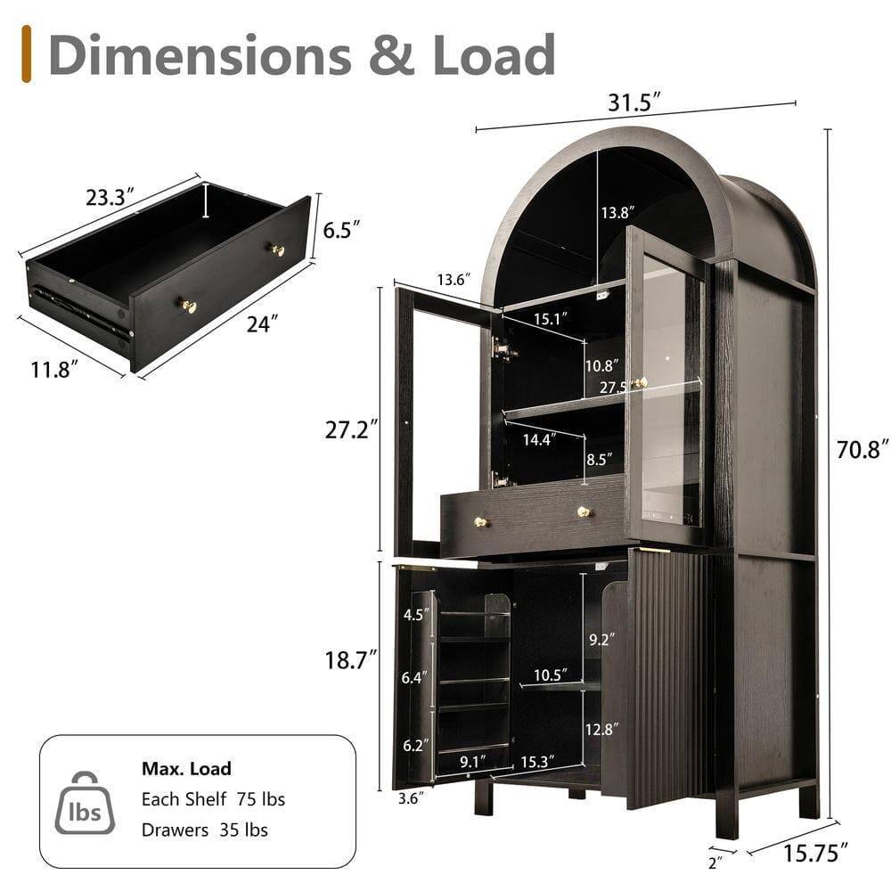 **Dimensions & Load**

- **Dimensions:**
  - 31.5" (Width)
  - 23.3" (Depth)
  - 6.5" (Drawer Height)
  - 13.8" (Height of Top Section)
  - 13.6" (Height of Middle Section)
  - 24" (Width of Drawer)
  - 15.1" (Height of Middle Section)
  - 11.8" (Depth of Drawer)
  - 10.8" (Height of Bottom Section)
  - 27.5" (Height of Bottom Section)
  - 27.2" (Height of Middle Section)
  - 14.4" (Height of Bottom Section)
  - 8.5" (Height of Bottom Section)
  - 70.8" (Total Height)
  - 18.7" (Height of Bottom Section)
  - 4.5" (Height of Bottom Section)
  - 6.4" (Height of Bottom Section)
  - 10.5" (Height of Bottom Section)
  - 9.2" (Height of Bottom Section