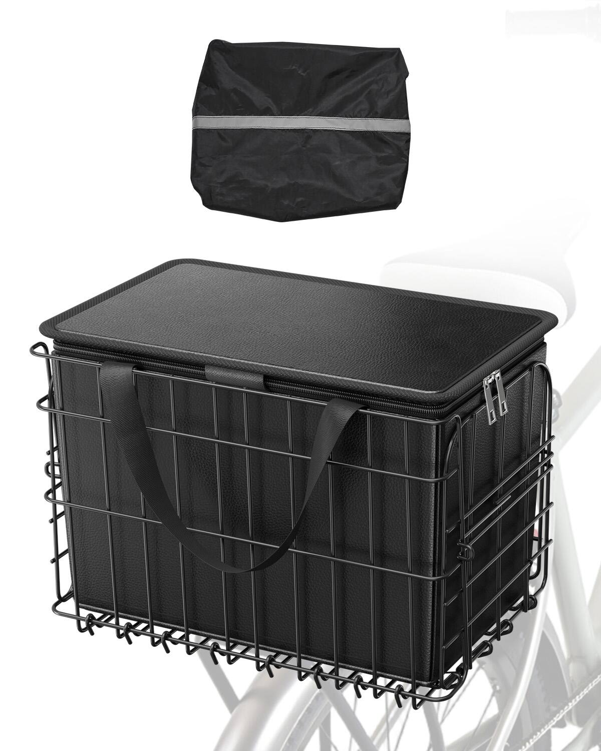 VEVOR - Rear Bike Basket, Folding Wire Bicycle Basket with Cargo Net, Removable Liner Bag & Waterproof Cover - Black