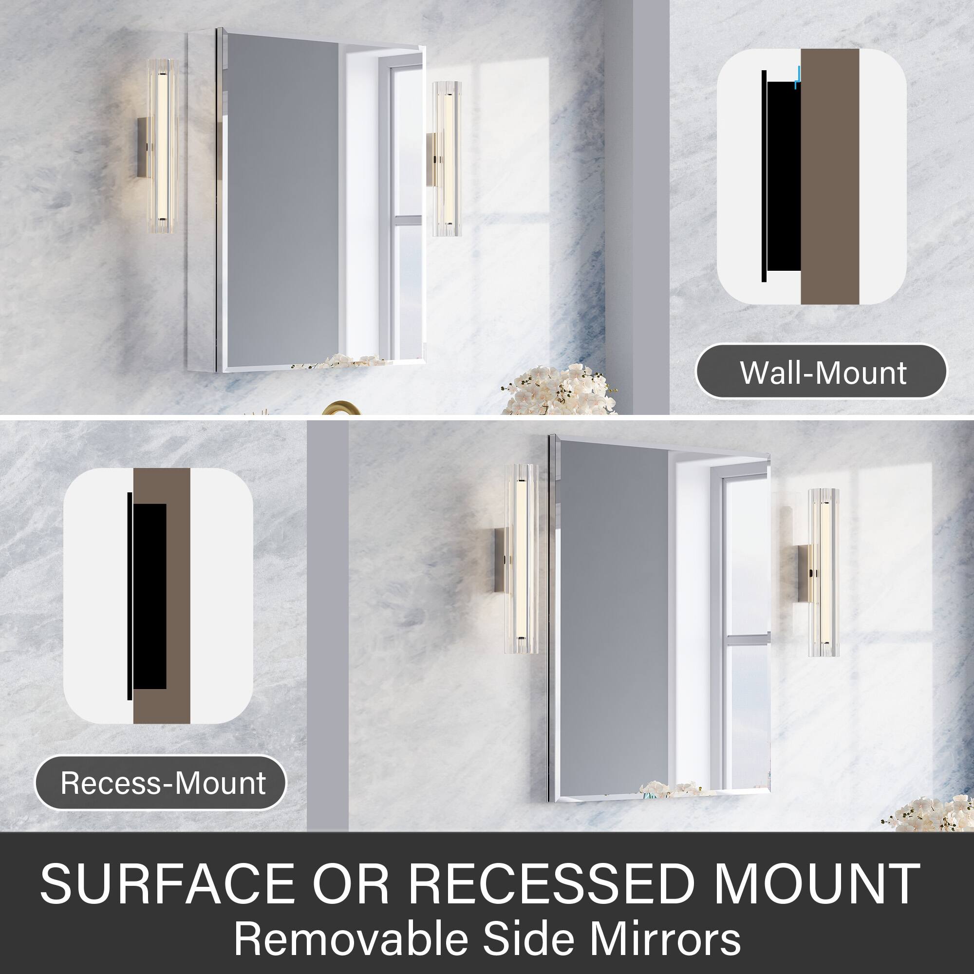 Wall-Mount  
Recess-Mount  
SURFACE OR RECESSED MOUNT  
Removable Side Mirrors