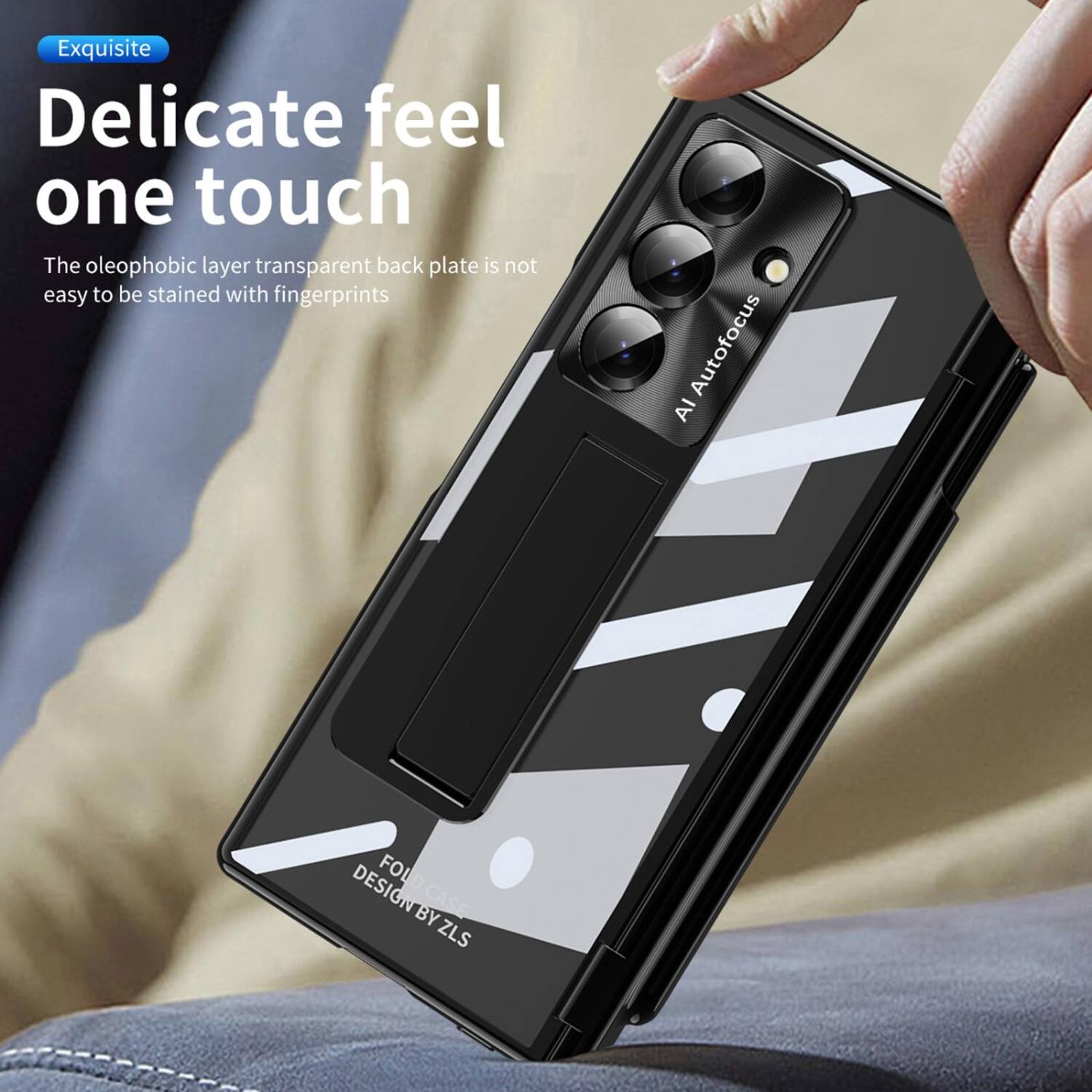 Exquisite  
Delicate feel one touch  
The oleophobic layer transparent back plate is not easy to be stained with fingerprints  

AI Autofocus  
DESIGN FOLD BY CASE ZLS