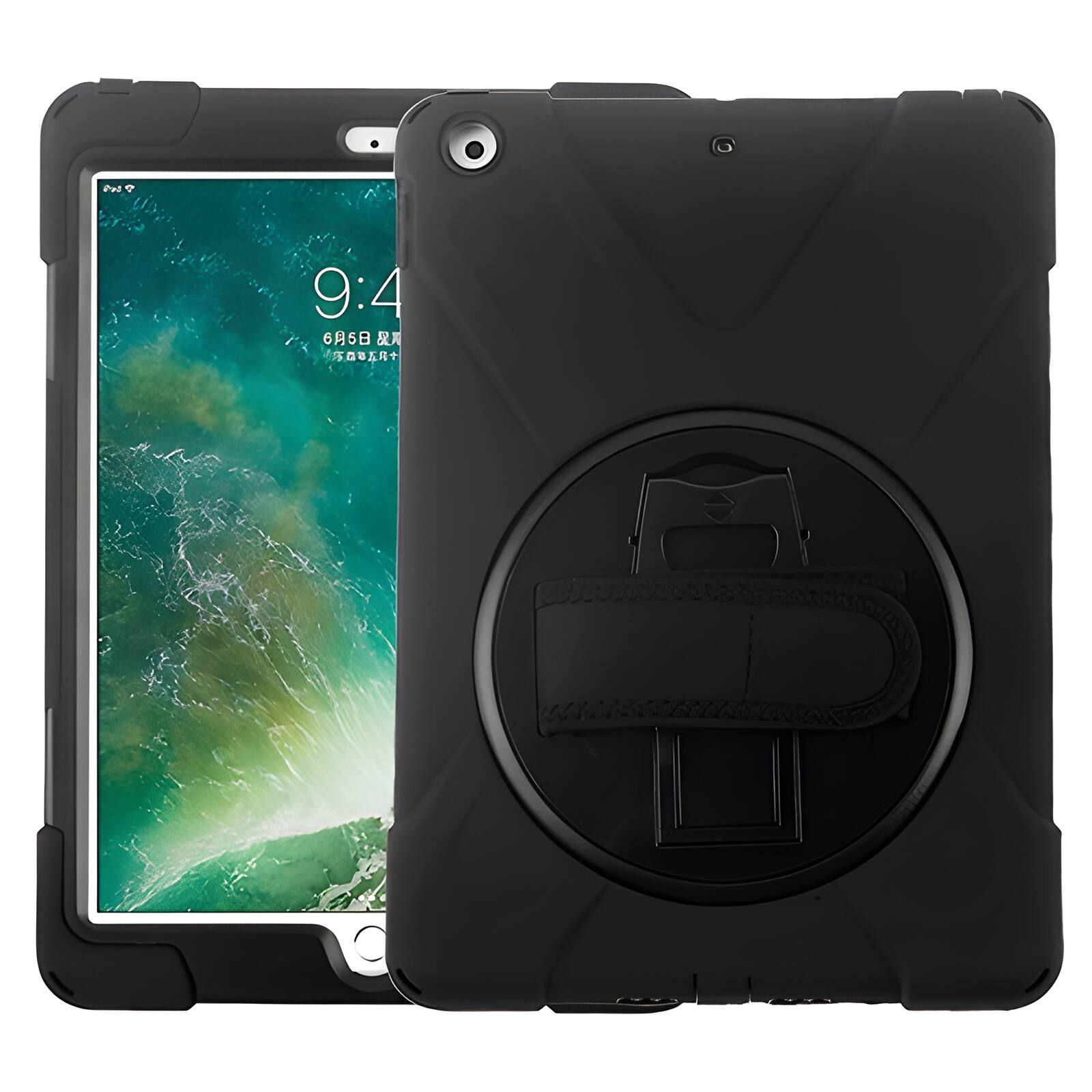 Front. Mybat - MyBat Rotatable Stand Protector Cover with Wristband for Apple iPad 9.7 (2017) / iPad 9.7 (2018) - Black - Black.