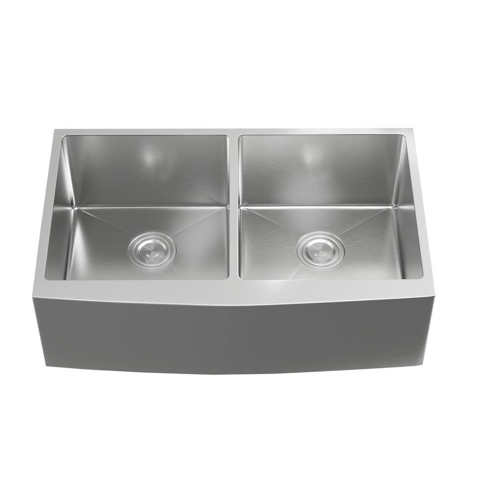 Back. Elegant Kitchen and Bath - Stainless Steel farmhouse kitchen double sink L33'' x W21'' x H10" - Stainless Steel.
