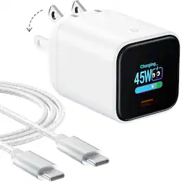 Core Tech - 45W GaN USB-C Wall Charger with Smart Power Display and 6.6ft Braided Cable - White