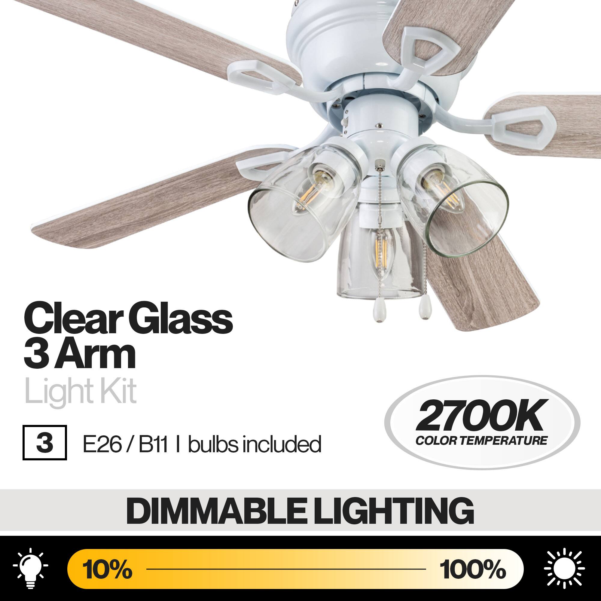 Clear Glass 3 Arm Light Kit  
3 E26/B11 bulbs included  
2700K COLOR TEMPERATURE  
DIMMABLE LIGHTING  
10% - 100%