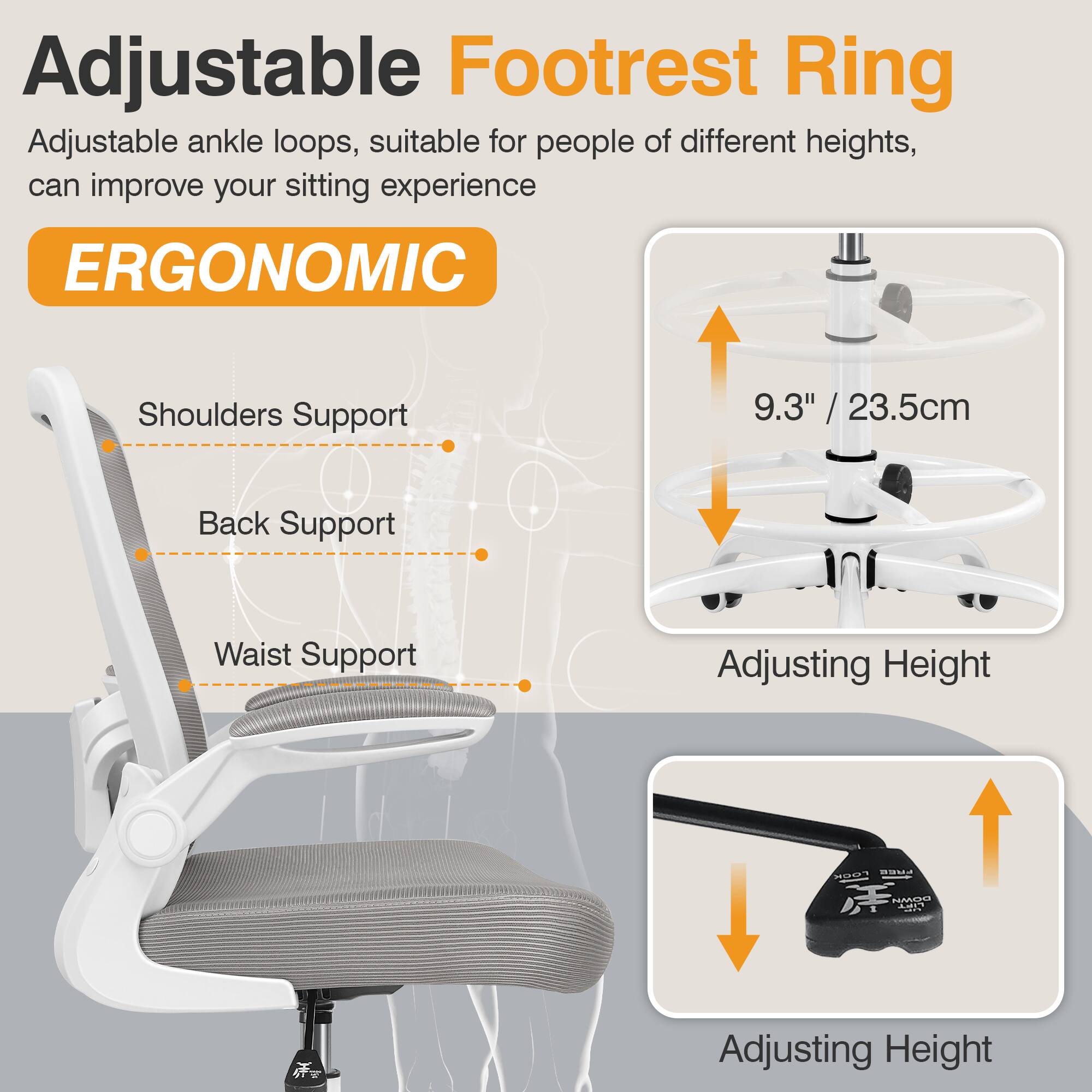 Adjustable Footrest Ring, Adjustable ankle loops, suitable for people of different heights, can improve your sitting experience, ERGONOMIC, Shoulders Support, Back Support, Waist Support, Adjusting Height, MN Co, Adjusting Height, 9.3" / 23.5cm