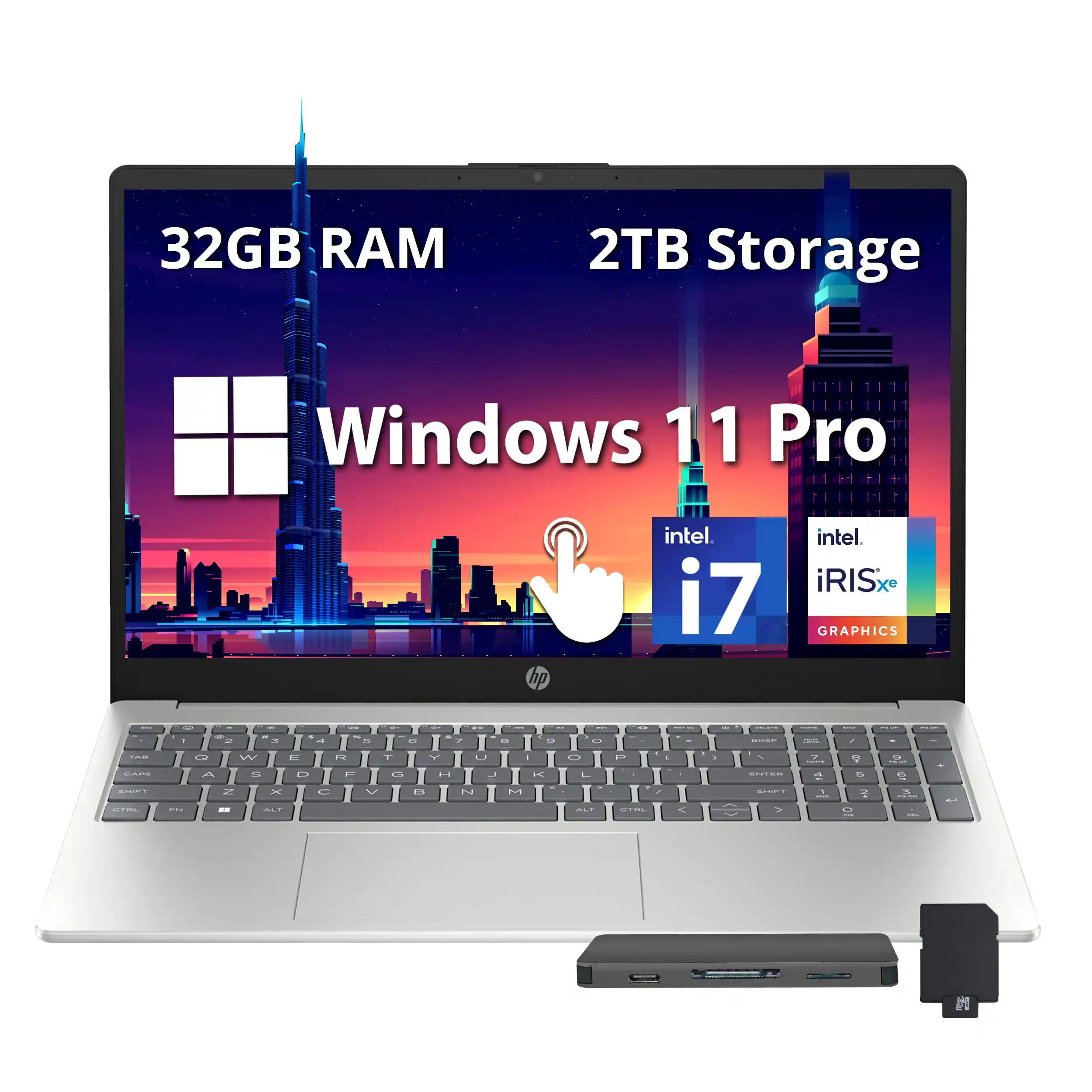 HP - 15.6'' FHD IPS Touchscreen Laptop,Intel i7-1255U,32GB DDR4 RAM,1TB SSD+1TB Docking Station Set,Win 11 Pro - Silver
