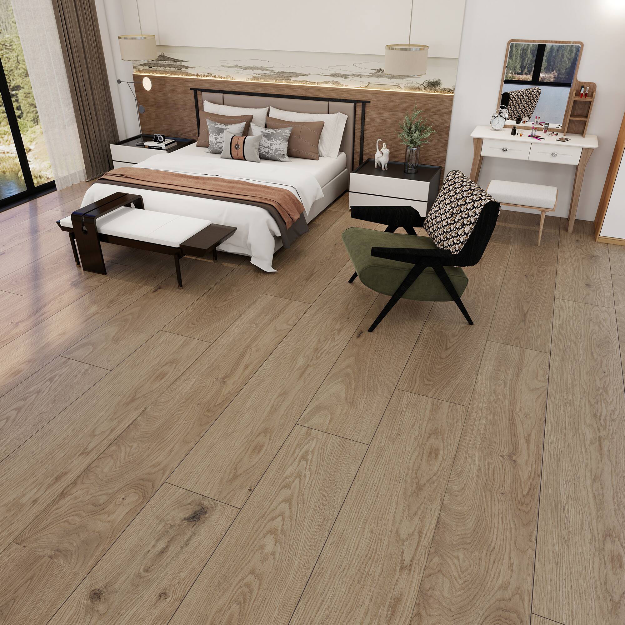 Left. Dotfloor - Superoak PLUS Laminate Flooring - 72.7"x9.6" Planks, 6 Planks/Box (27.09 sq ft/Box), 12mm Thick, AC5 Wear Rating - Coastal Driftwood.