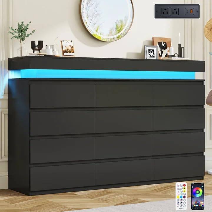 Angle. Espafurni - 70"LED Dresser with 12 Drawers for Bedroom, Closet & Living Room - Black.