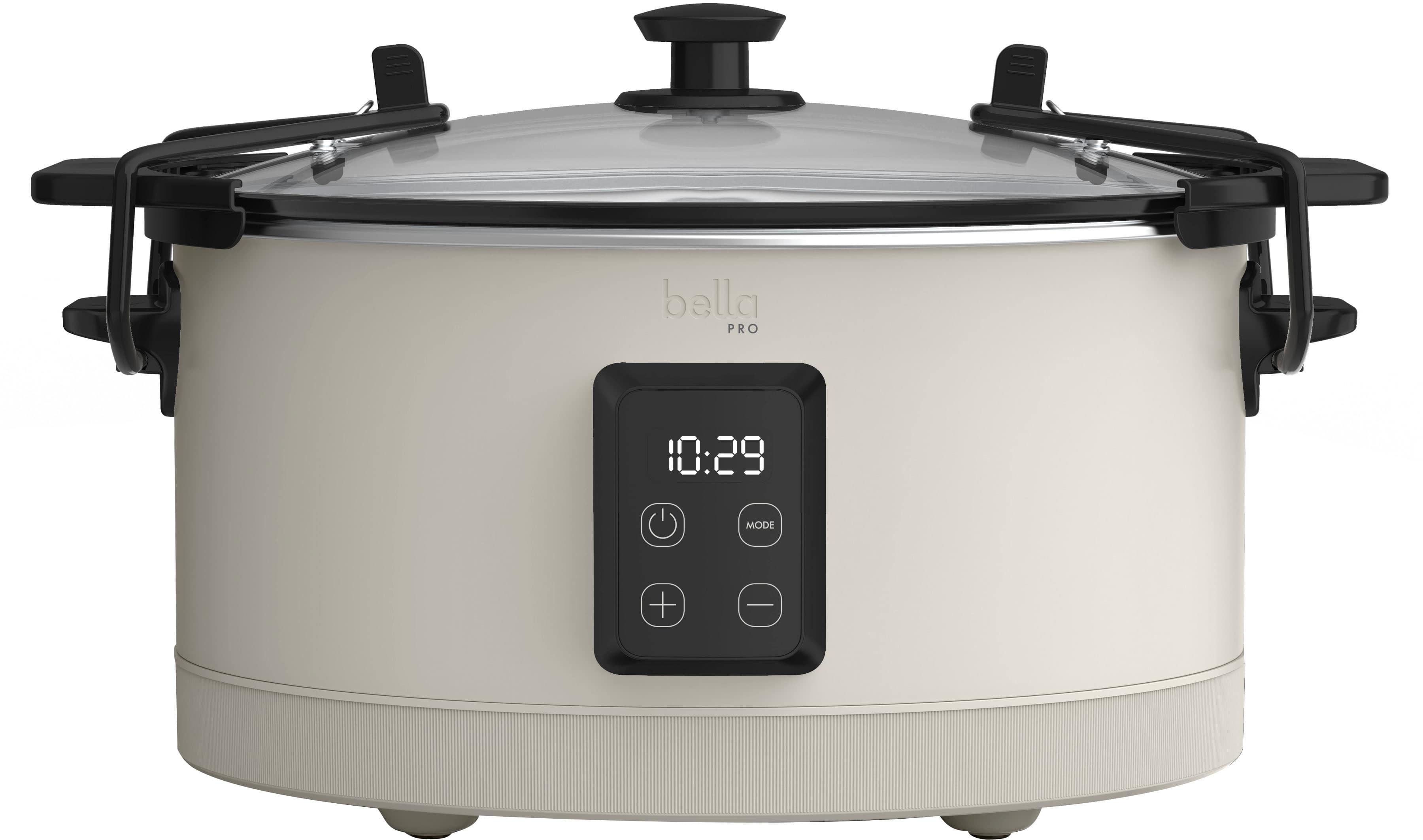 The image features a white Bella Pro slow cooker with a digital display. The display shows the time of 10:29. The cooker is designed to be used with a smartphone, allowing users to control and monitor their cooking from their devices. The cooker is placed on a countertop, ready for use.