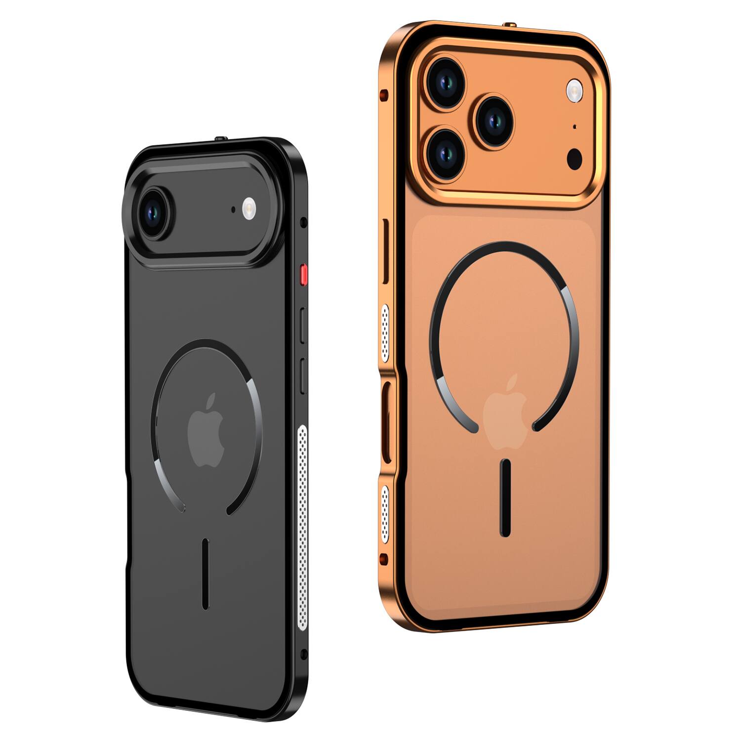 Angle. Dteck - Magnetic Aluminum Bumper Case for Apple iPhone 17 Pro Max, Slim Shockproof Translucent Matte Cover with Buckle Lock - Orange.