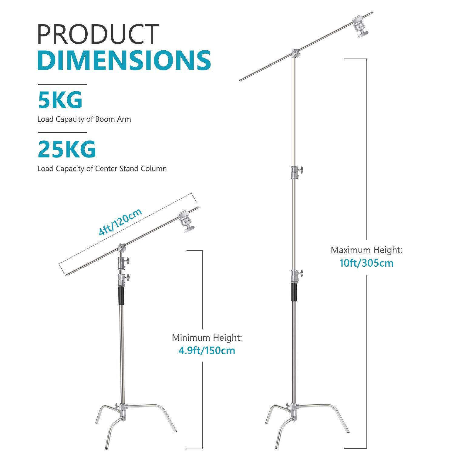 PRODUCT DIMENSIONS

5KG  
Load Capacity of Boom Arm

25KG  
Load Capacity of Center Stand Column

4ft/120cm  
Maximum Height: 10ft/305cm  
Minimum Height: 4.9ft/150cm