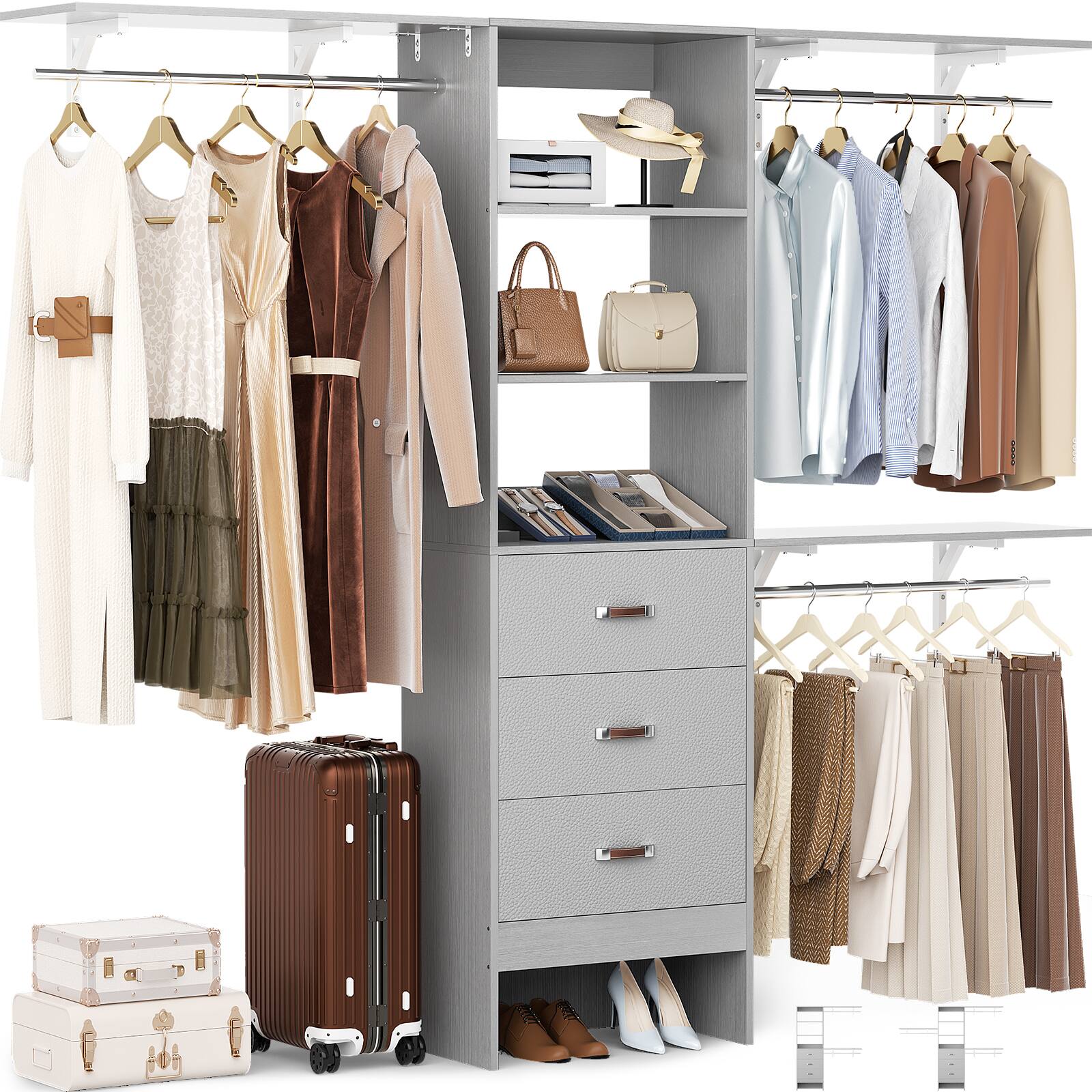 Angle. Aheaplus - 20.2'' - 96'' W Closet System, Walk In Closet Organizer with 3 Shelving Towers, 3 Hanging Rods, and 3 Drawers, 75'' High - Gray.